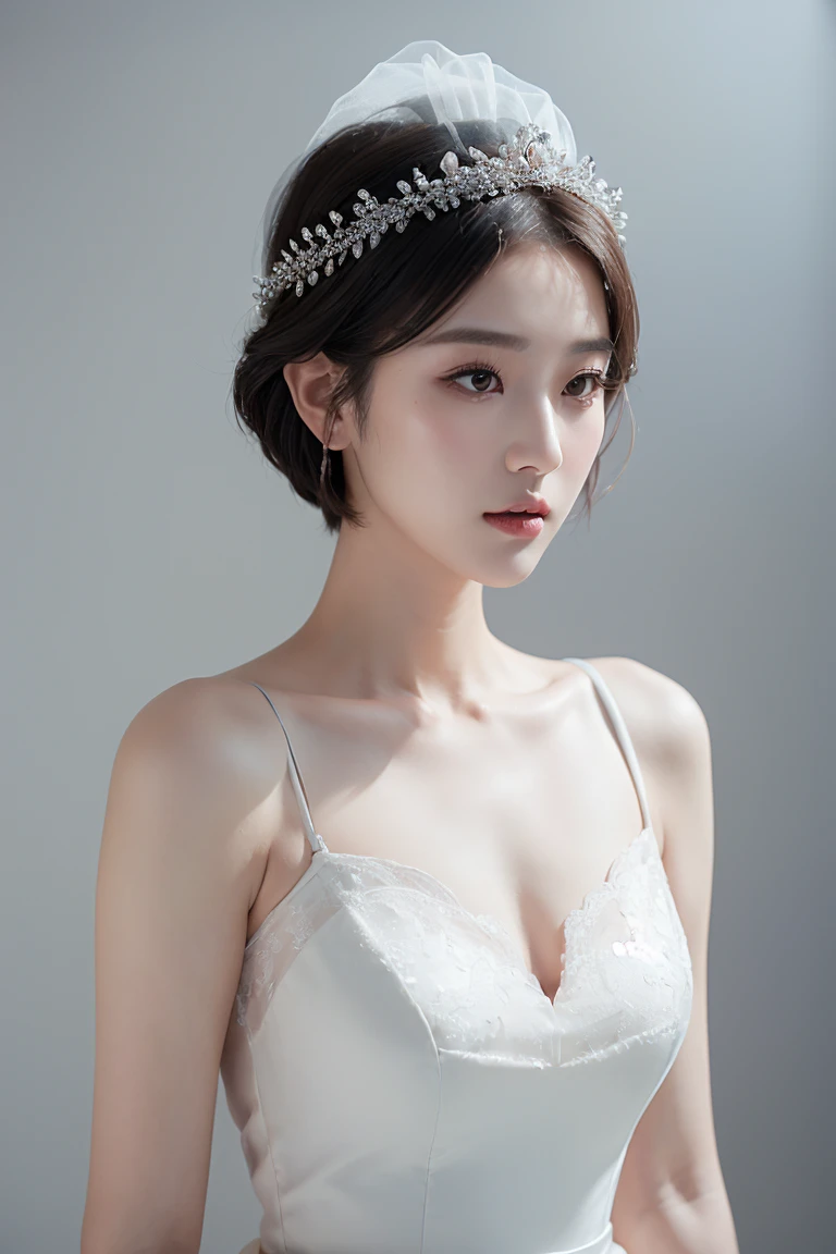 ((girl in perfect body shape)), ((korean bride)), ((grey background)), ((Bobhair cut)), ((top-quality)), RAW , ((masterpiece)) , (fujifilm), 16k , (Photorealism),  ((beautiful bride)), ((wearing bride crown)) , ((low shot)), ((distant shot)),((facing towards the viewers)), ((full body shot))