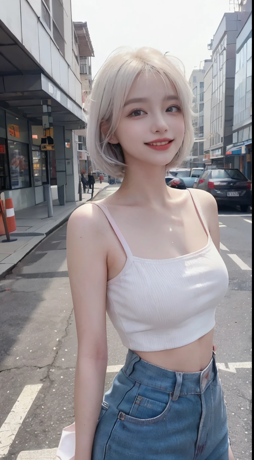 Best image quality、RAW Photos、超A high resolution、21 years old Korean、Small breasts、Dynamic Angle、Cowboy Shot、Chaos in its most beautiful form、elegant、brutalism design、Vibrant colors、Beautiful white hair、Short Bob、smile、fun、smile、Glowing White Skin、Beautiful eyes with random colors、Very thin lips、Beautiful eyes in every detail、length, Narrow eyes、Cheeks are pale pink、length eyelashes、Beautiful double eyelids、eye shadow、Bright white hair、Crop top、Overalls、city、Shooting from the side、Full Body Shot