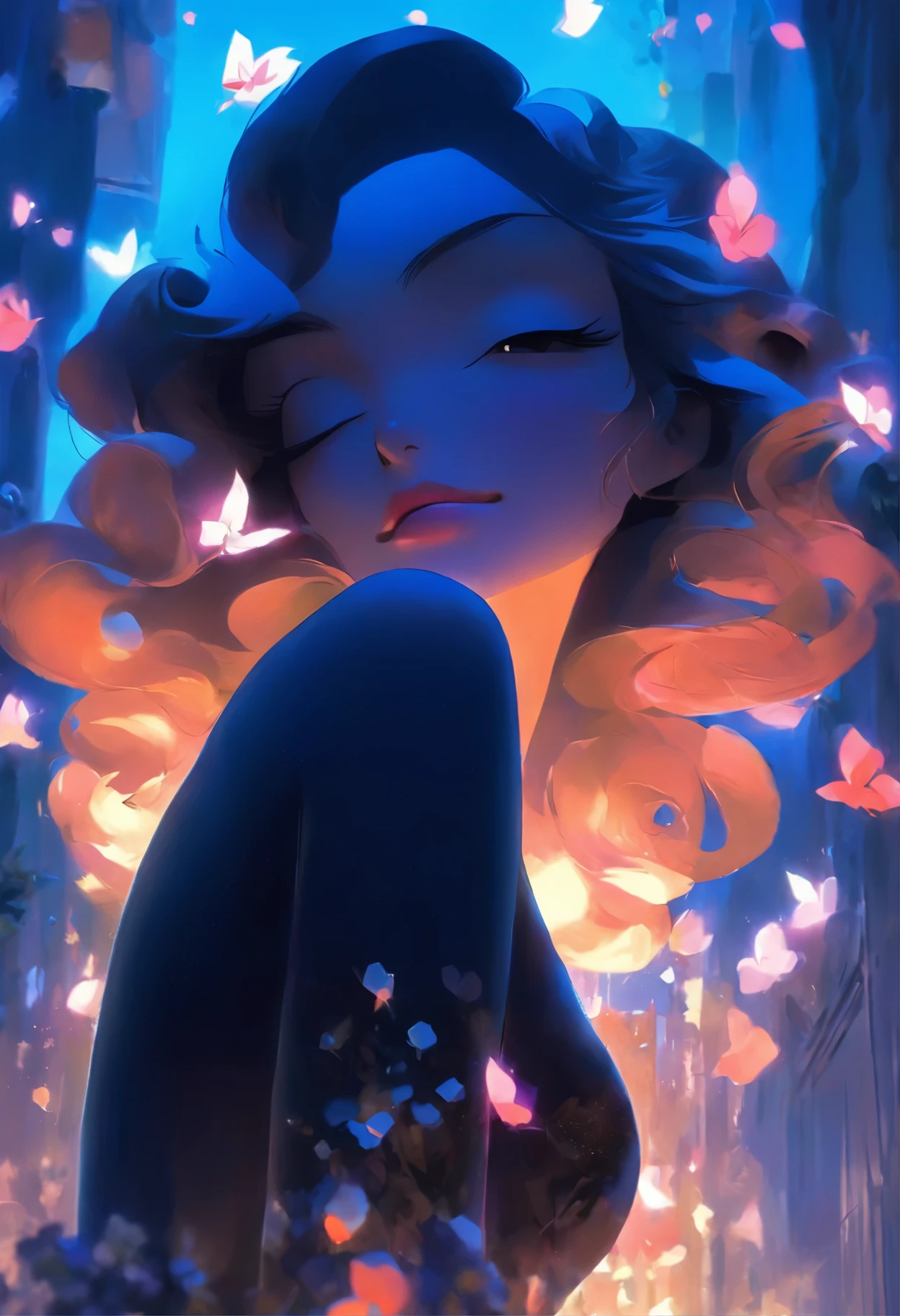 woman in black dress, Cute girl in a beautiful dress, Beautiful full body concept art, Beautiful and charming woman, Woman full body art, guweiz, beautiful woman, Digital art on pixiv, Full body illustration, Kushat Krenz Key Art Women, full body xianxia, Delicate face Gorgeous face Delicate face, Blue Rose Theme , Blue rose petals