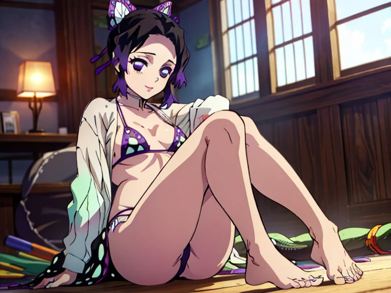 EFT_Shinobu, 1girl, kochou shinobu, butterfly hair ornament, solo, hair ornament, purple hair, multicolored hair, purple eyes, black hair, medium breast, (bikini), seductive smile, looking at viewer, blurry background, indoors, full body, ((masterpiece)), best quality, high detailed illustration, high detailed background, hi-res, bare legs, bare feet