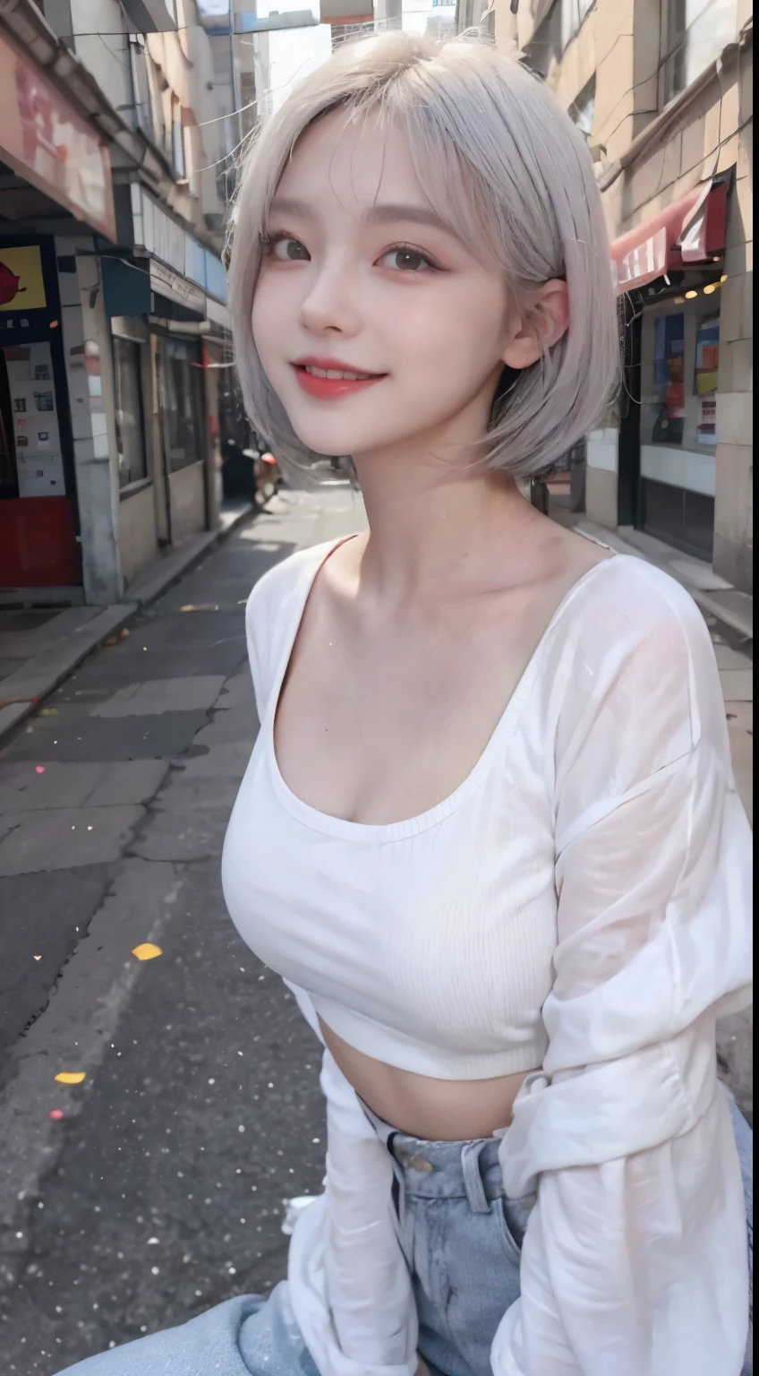 Best image quality、RAW Photos、超A high resolution、21 years old Korean、Small breasts、Dynamic Angle、Cowboy Shot、Chaos in its most beautiful form、elegant、brutalism design、Vibrant colors、Beautiful white hair、Short Bob、smile、fun、smile、Glowing White Skin、Beautiful eyes with random colors、Very thin lips、Beautiful eyes in every detail、length, Narrow eyes、Cheeks are pale pink、length eyelashes、Beautiful double eyelids、eye shadow、Bright white hair、Crop top、Overalls、city、Shooting from the side、Full Body Shot