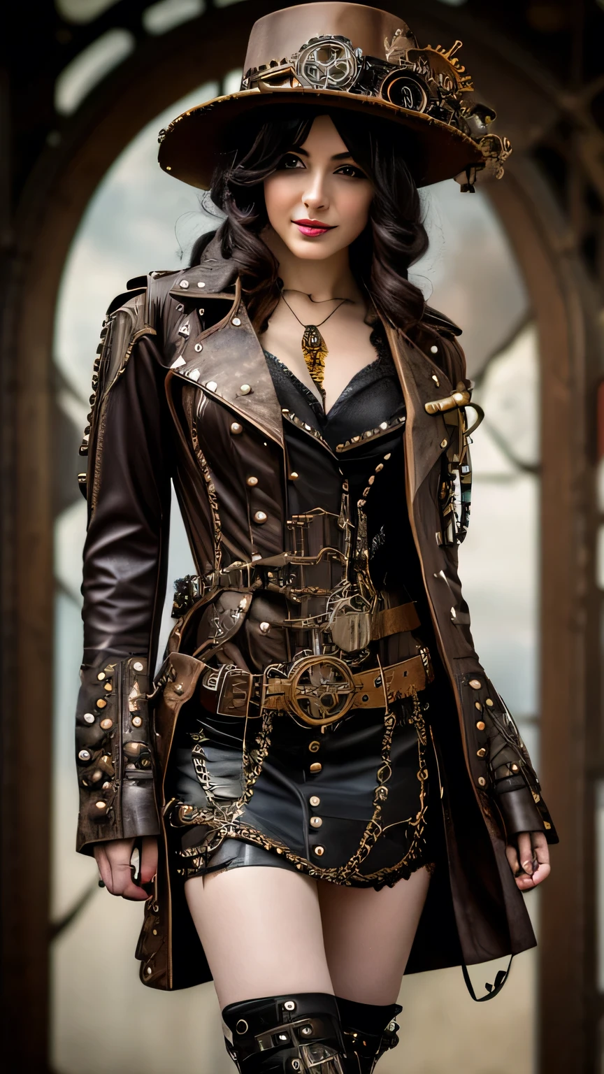  a woman wearing a steam - punk hat and a leather jacket and garters, steampunk fantasy style, digital steampunk art, steampunk beautiful anime woman, a steampunk beautiful goddess, steampunk girl, steampunk fantasy, steampunk concept art, steampunk digital art, steampunk art, golden steampunk, wearing steampunk attire, sci-fi steampunk, magic and steam - punk inspired, high quality steampunk art