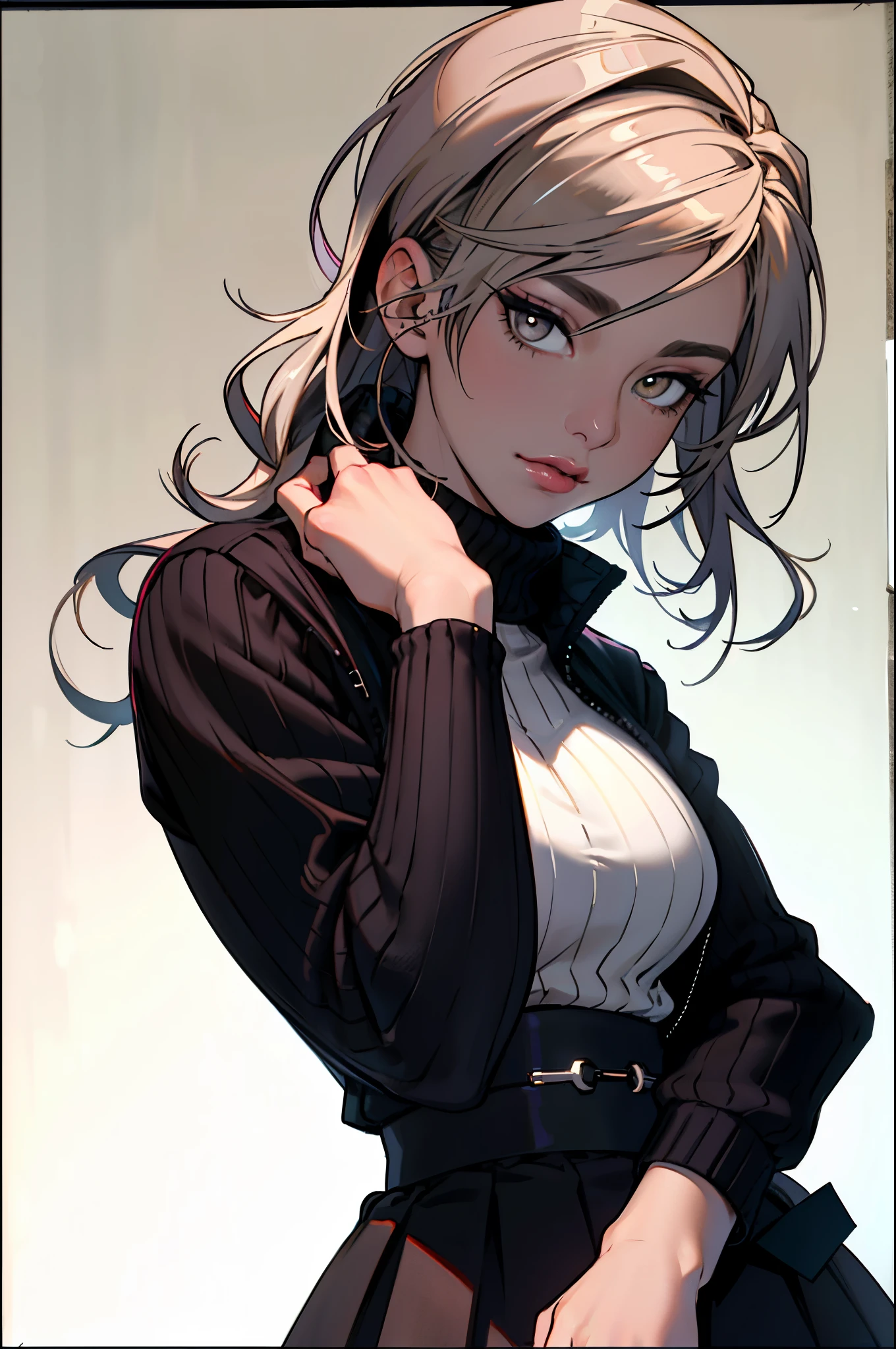 (8k, masterpiece, best quality, Solitary, SFW), ((September Carino)), (portrait, turtleneck sweater, skirt), looking at camera, Eyeliner, Eyeshadow, Simple dark background,