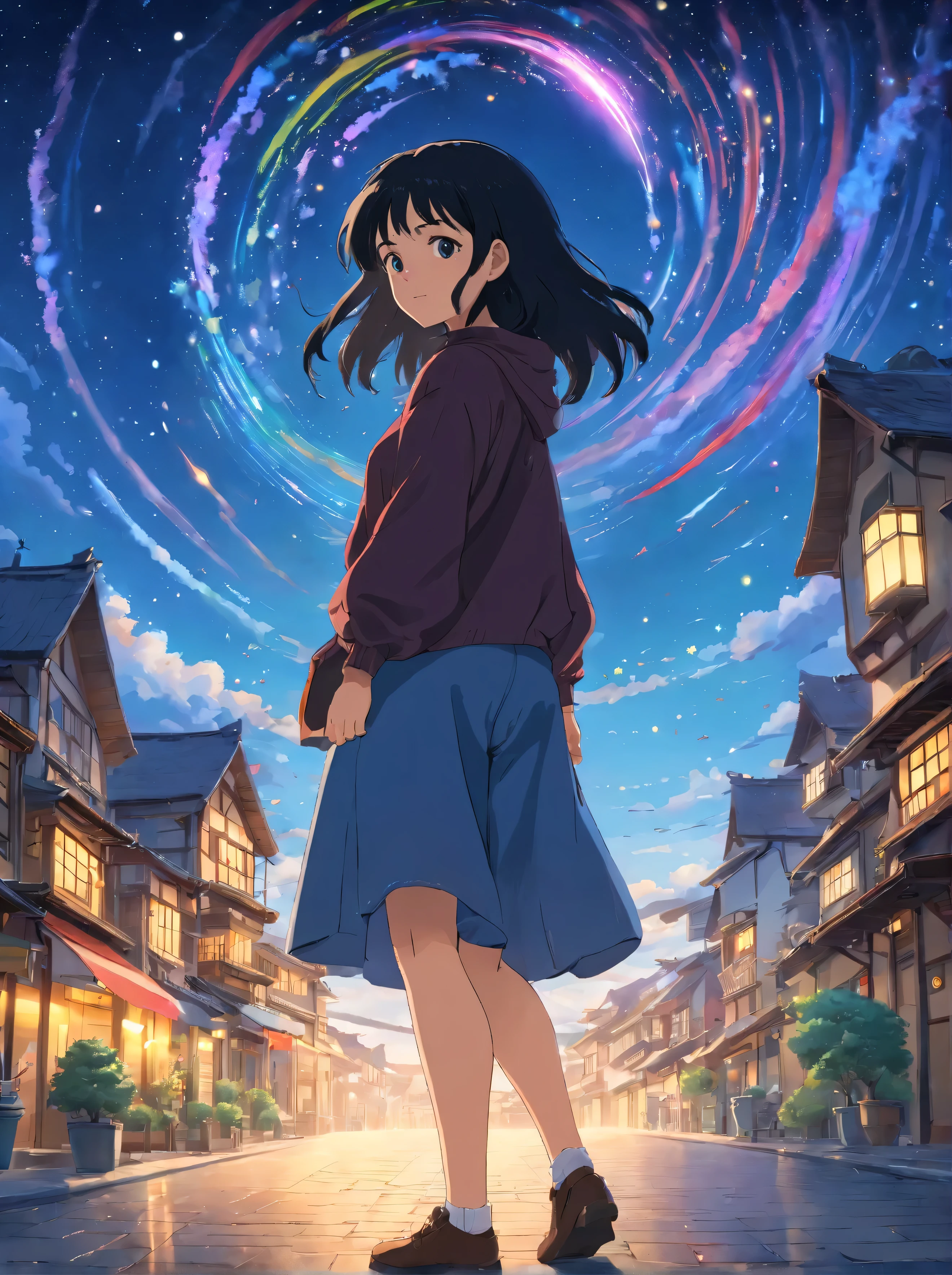 ((Best Quality, 8K, Masterpiece: 1.3)), landscape, morning shoot, star trail, slow speed, standing young african woman with black hair, black jeans, look at the stars, amazing scenery, hundreds of stars forming a circle, light waves, futures city, magic in hands.