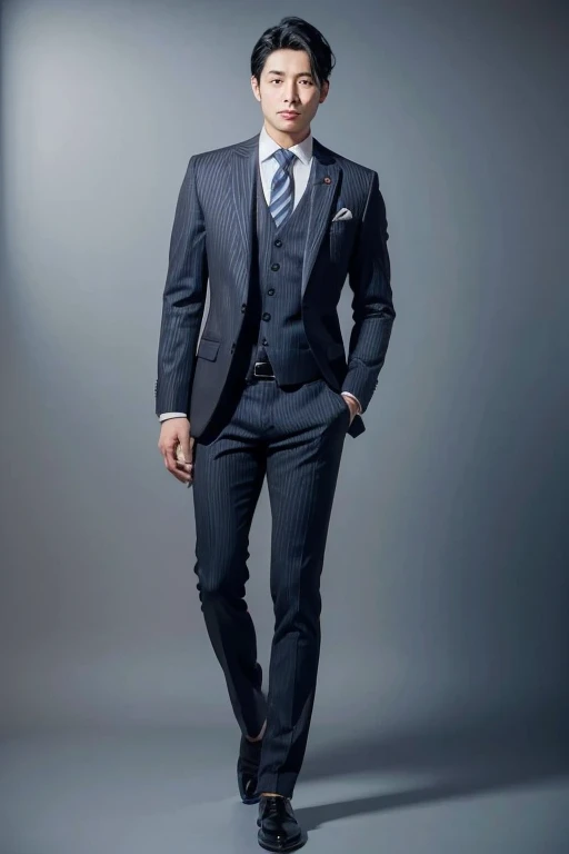 A Japanese man of the highest quality((Neat black hair))'s Sets,Set,Set,Full body view from head to toe,design diagram,Rendering,style,upscale,High-end,atmosphere,Practical,stripe