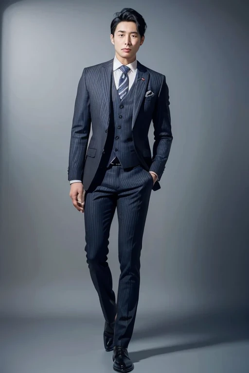 A Japanese man of the highest quality((Neat black hair))'s Sets,Set,Set,Full body view from head to toe,design diagram,Rendering,style,upscale,High-end,atmosphere,Practical,stripe