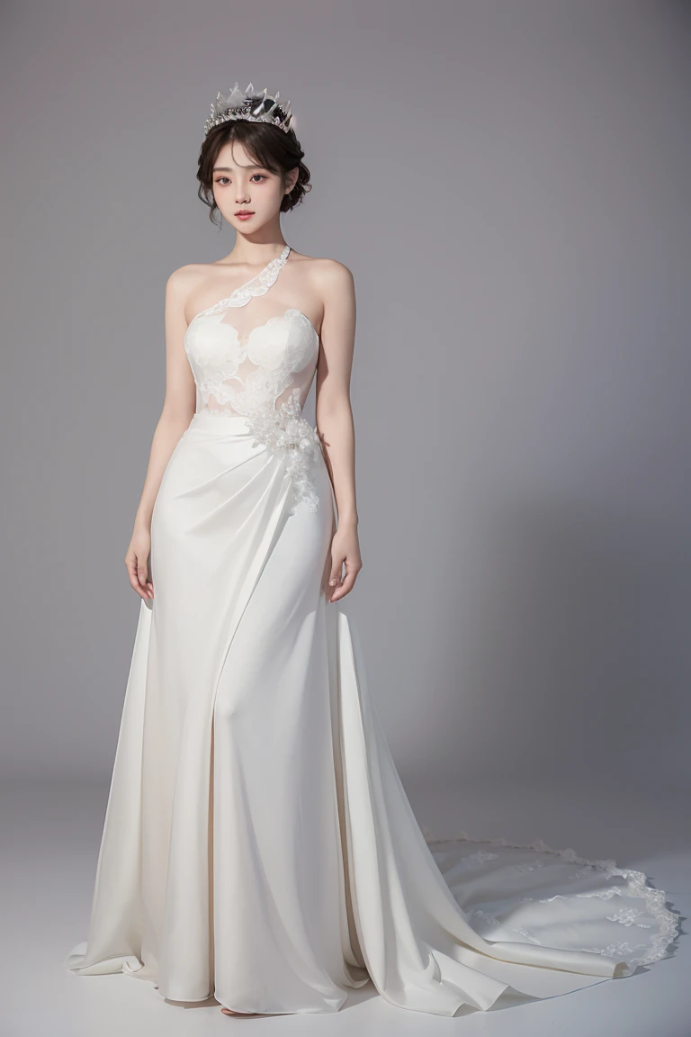 ((girl in perfect body shape)), ((korean bride)), ((grey background)), ((Bobhair cut)), ((top-quality)), RAW , ((masterpiece)) , (fujifilm), 16k , (Photorealism),  ((beautiful bride)), ((wearing bride crown)) , ((low shot)), ((distant shot)),((facing towards the viewers)), ((full body shot))