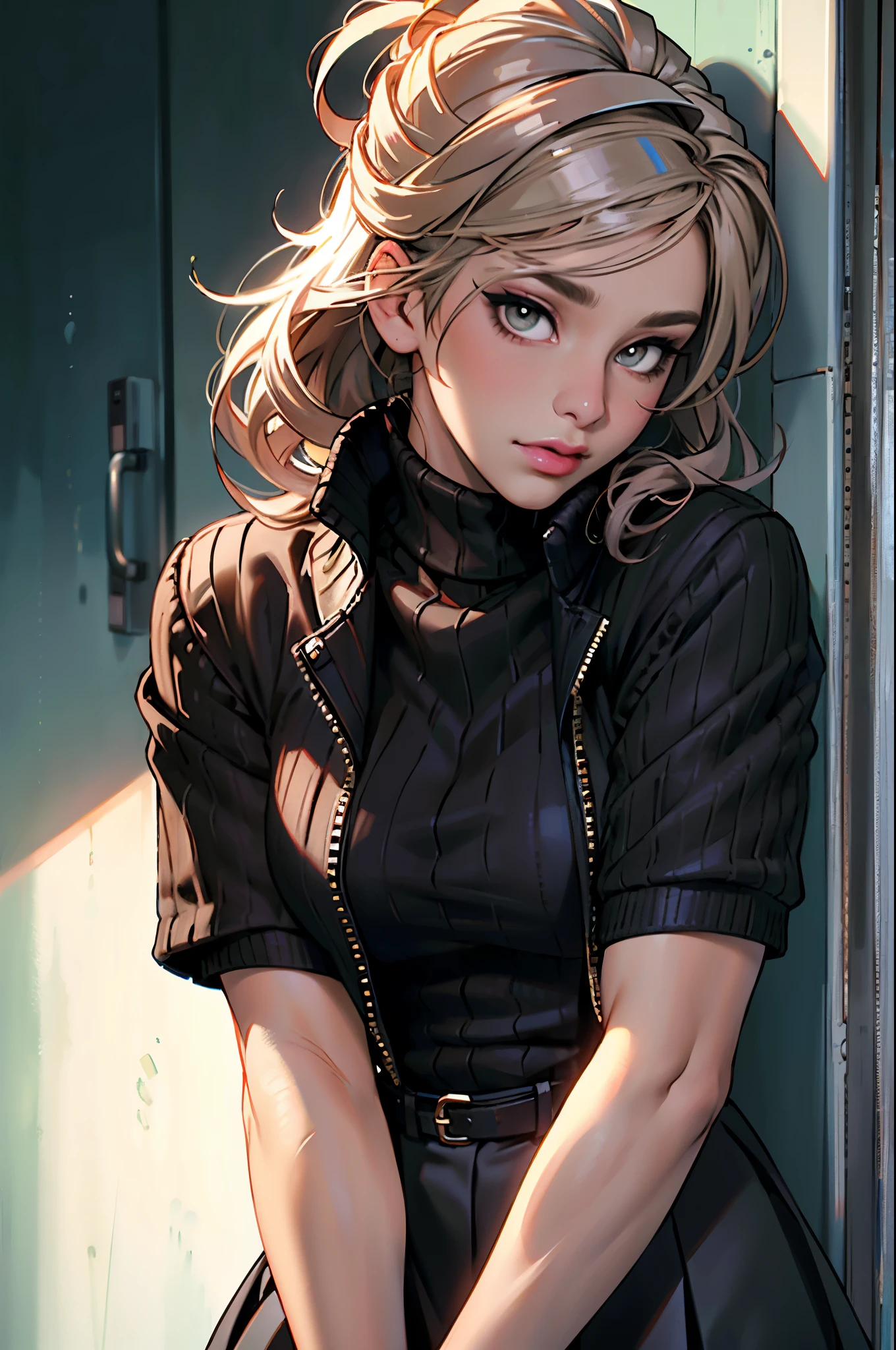 (8k, masterpiece, best quality, Solitary, SFW), ((September Carino)), (portrait, turtleneck sweater, skirt), looking at camera, Eyeliner, Eyeshadow, Simple dark background,