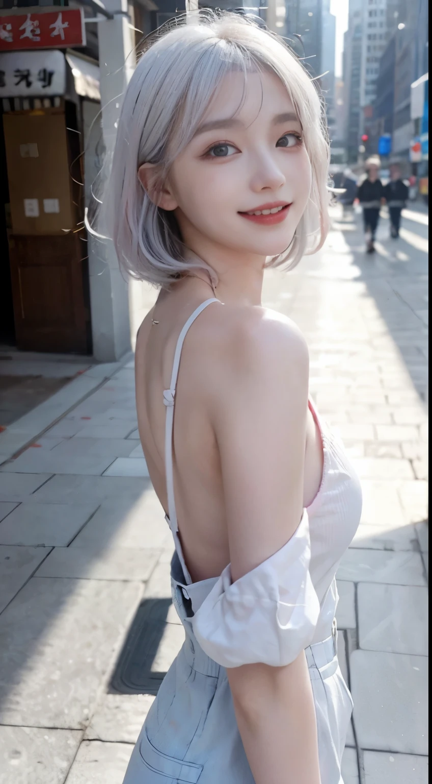 Best image quality、RAW Photos、超A high resolution、21 years old Korean、Small breasts、Dynamic Angle、Cowboy Shot、Chaos in its most beautiful form、elegant、brutalism design、Vibrant colors、Beautiful white hair、Short Bob、smile、fun、smile、Glowing White Skin、Beautiful eyes with random colors、Very thin lips、Beautiful eyes in every detail、length, Narrow eyes、Cheeks are pale pink、length eyelashes、Beautiful double eyelids、eye shadow、Bright white hair、Overalls、city、Shooting from the side、Full Body Shot