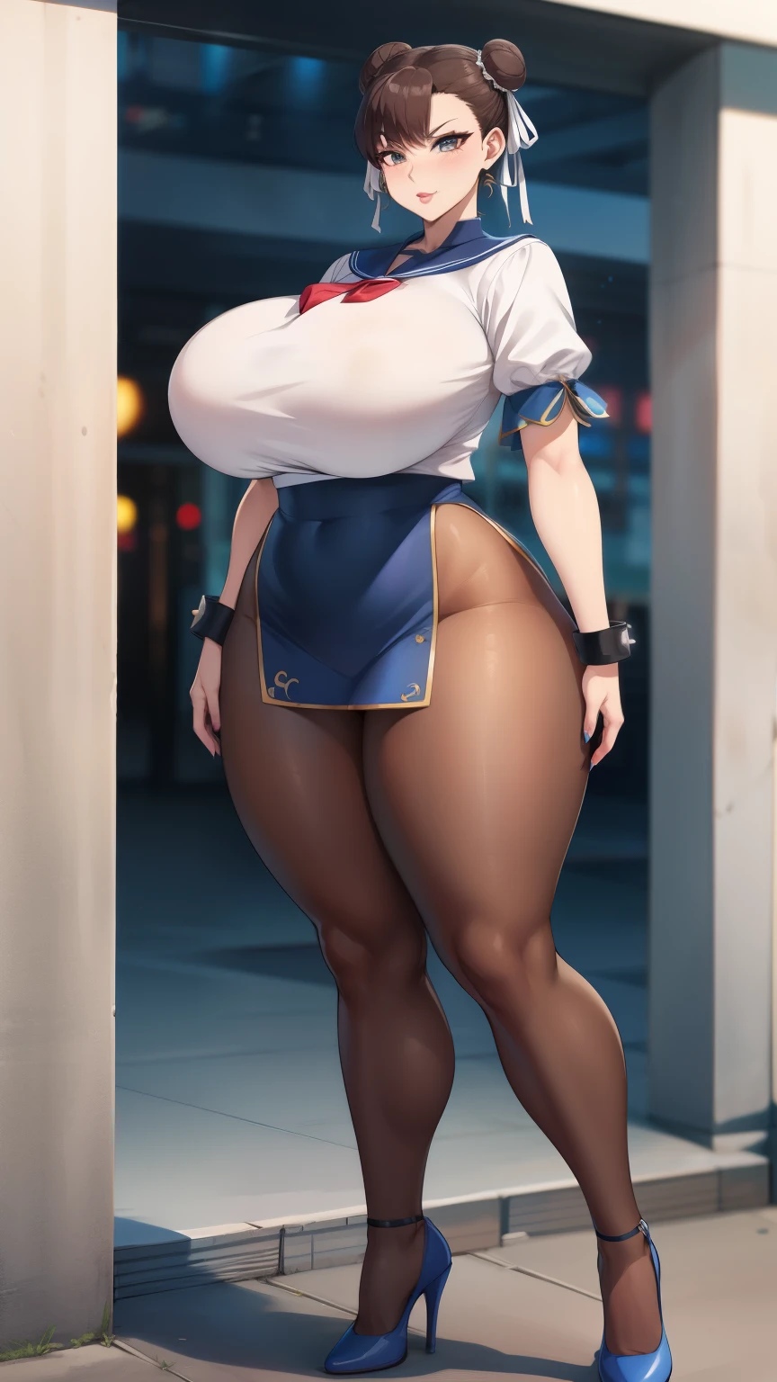 Big Breasts, Big Hips, Full Body Shot, Mature mother, Voluptuous thighs, ox, Seductive mature woman, Perfect body, Plus Size Model, Sailor suit, Wearing high heels,Miniskirt Uniform, Chunli,