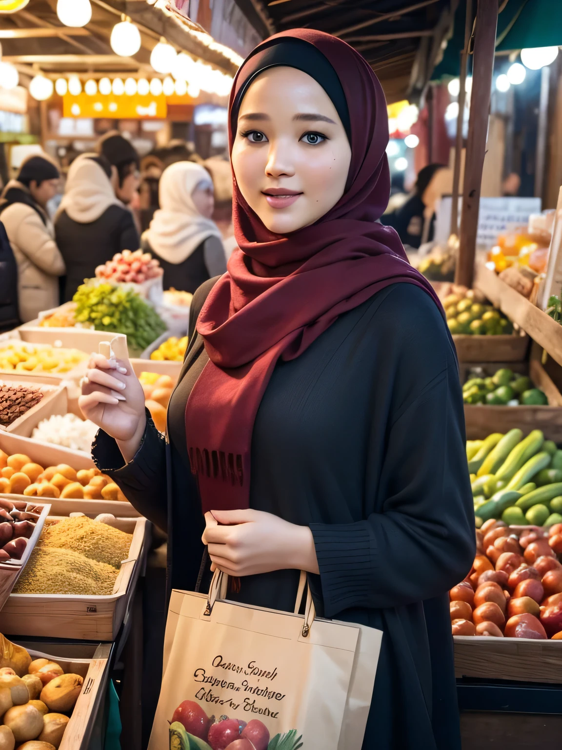 A beauty Jennifer Lawrence with hijab, holding a handbag, shopping in the market, beautiful detailed eyes, beautiful detailed lips, extremely detailed eyes and face, long eyelashes, cheerful expression, perfect hands, handbag in hand, shopping in a vibrant market, exotic spices and colorful fruits and vegetables, atmospheric lighting, deep and warm color tones, traditional market setting, authentic and lively atmosphere, creative stall displays, interaction with friendly vendors, smiling faces, and bustling crowd, local architecture and cultural elements in the background, (best quality, 4k, 8k,highres, masterpiece:1.2), ultra-detailed, (realistic, photorealistic, photo-realistic:1.3), (full body portrait), tall background