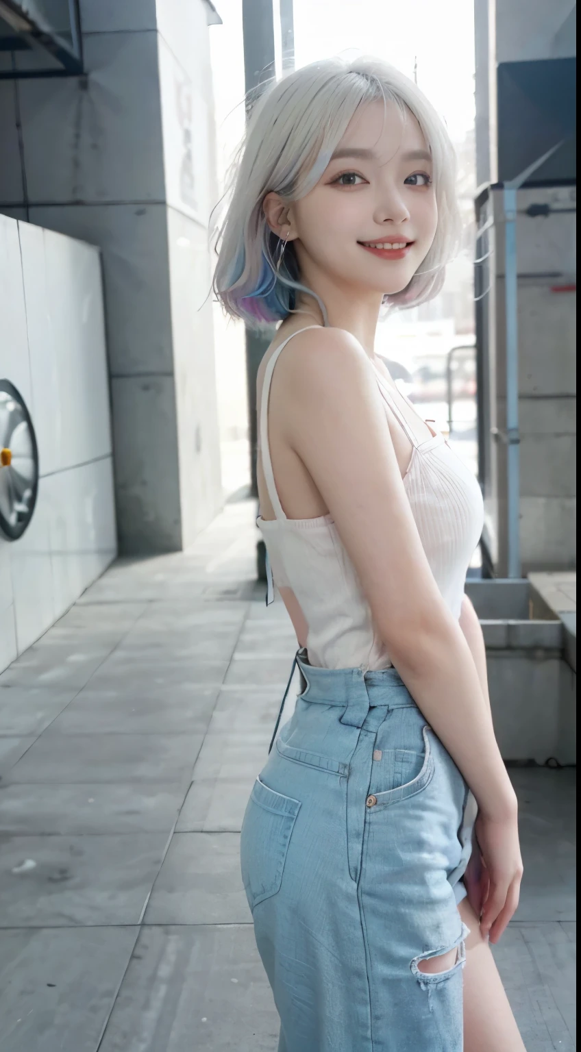 Best image quality、RAW Photos、超A high resolution、21 years old Korean、Small breasts、Dynamic Angle、Cowboy Shot、Chaos in its most beautiful form、elegant、brutalism design、Vibrant colors、Beautiful white hair、Short Bob、smile、fun、smile、Glowing White Skin、Beautiful eyes with random colors、Very thin lips、Beautiful eyes in every detail、length, Narrow eyes、Cheeks are pale pink、length eyelashes、Beautiful double eyelids、eye shadow、Bright white hair、Overalls、city、Shooting from the side、Full Body Shot