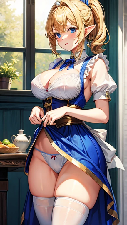 Maid、Elf、Golden Shorthair、Big Breasts、Very large breasts、ponytail、White underwear