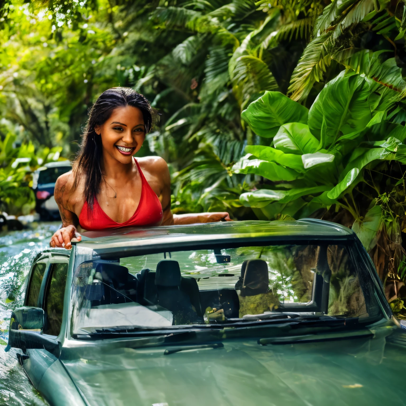 (best quality,4k,highres:1.2),ultra-detailed,(realistic:1.37),A Colombian woman driving a pickup truck in a colorful bikini,long blackhair,tanned skin,beautiful detailed eyes and face,confident smile,strong and muscular physique,curvy body,fashionable sunglasses,shiny red lipstick,striking red and white skin tight bikini,holding the steering wheel,tattoo on her arm,with a sense of adventure,driving through a lush tropical rainforest,tall palm trees and exotic plants and aliens  in the background,vibrant green foliage,sunlight filtering through the leaves,creating a dappled effect on the road,wind flowing through her hair,exhilarating speed and freedom,positive and carefree attitude,feeling the warm breeze on her skin,her truck splashing through a small stream,creating a spray of water,adventure and excitement,joyful expression on her face,blond sandy beaches in the distance,clear blue skies above,seagulls flying overhead,a sense of tropical paradise,exotic birds chirping in the background,lively and energetic atmosphere, vivacious personality,celebrating life and embracing ,feeling empowered and unstoppable,an epitome of confidence and beauty,an inspiring and captivating scene.