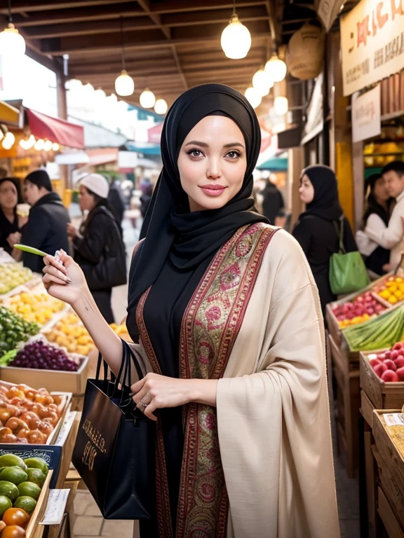 A beauty Angelina Jolie with hijab, holding a handbag, shopping in the market, beautiful detailed eyes, beautiful detailed lips, extremely detailed eyes and face, long eyelashes, cheerful expression, perfect hands, handbag in hand, shopping in a vibrant market, exotic spices and colorful fruits and vegetables, atmospheric lighting, deep and warm color tones, traditional market setting, authentic and lively atmosphere, creative stall displays, interaction with friendly vendors, smiling faces, and bustling crowd, local architecture and cultural elements in the background, (best quality, 4k, 8k,highres, masterpiece:1.2), ultra-detailed, (realistic, photorealistic, photo-realistic:1.3), (full body portrait), tall background