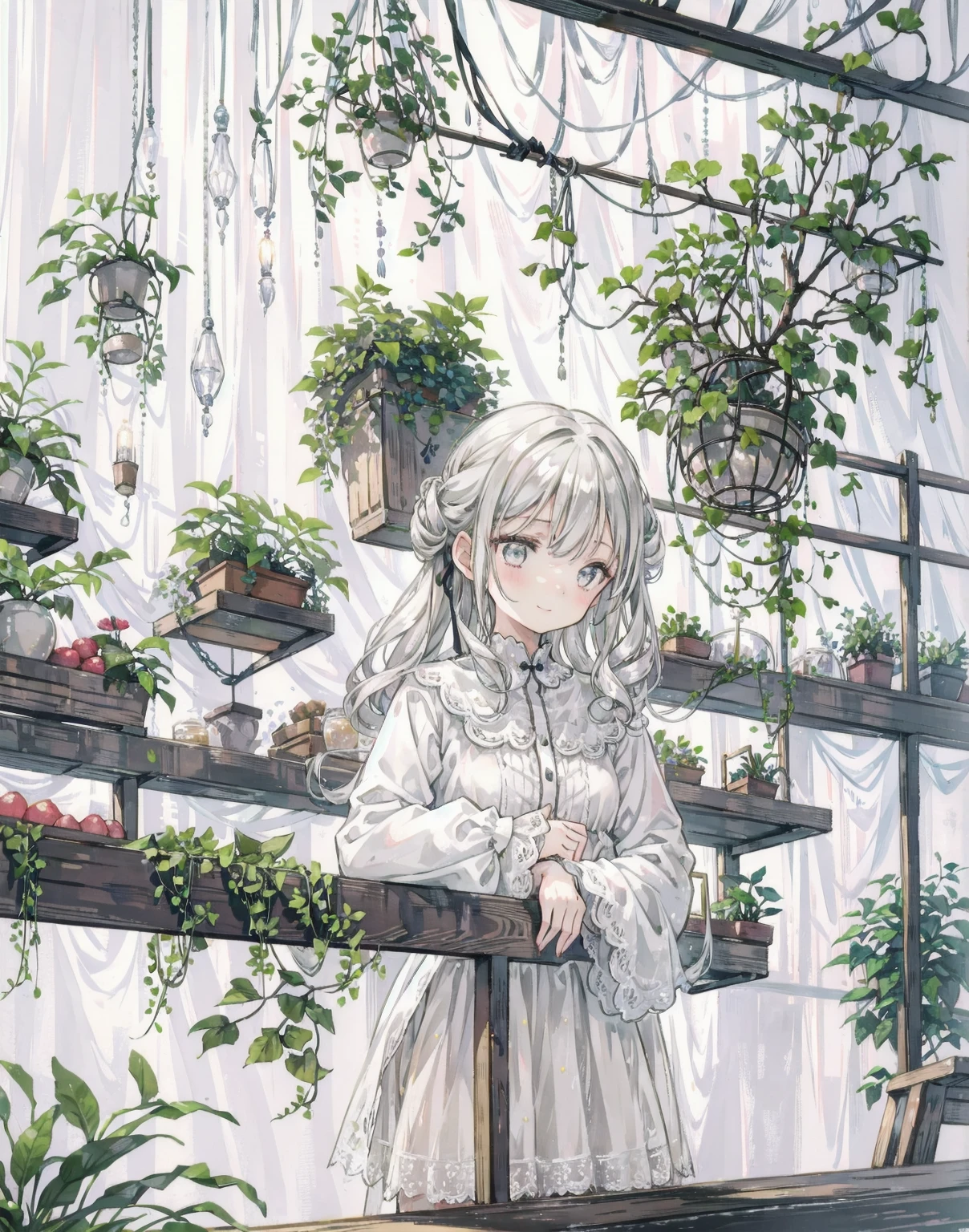 cinematic lighting, gentle smile, upturned cheeks, slightly shining silver gray hair, coquettish hair, half up do, silky luster, plants, flowers, spring ephemerals, 1girl, solo, 