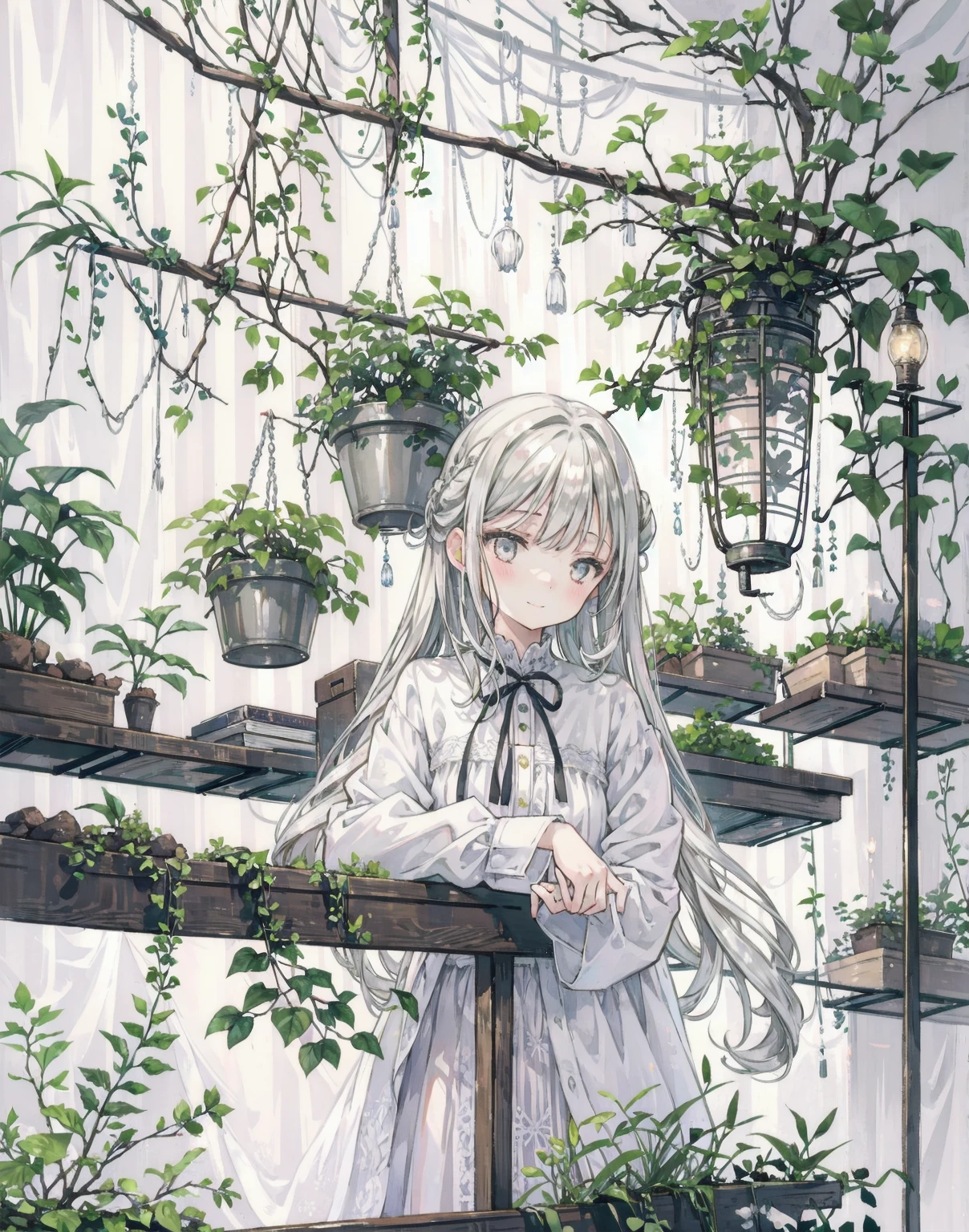 cinematic lighting, gentle smile, upturned cheeks, slightly shining silver gray hair, coquettish hair, half up do, silky luster, plants, flowers, spring ephemerals, 1girl, solo, 