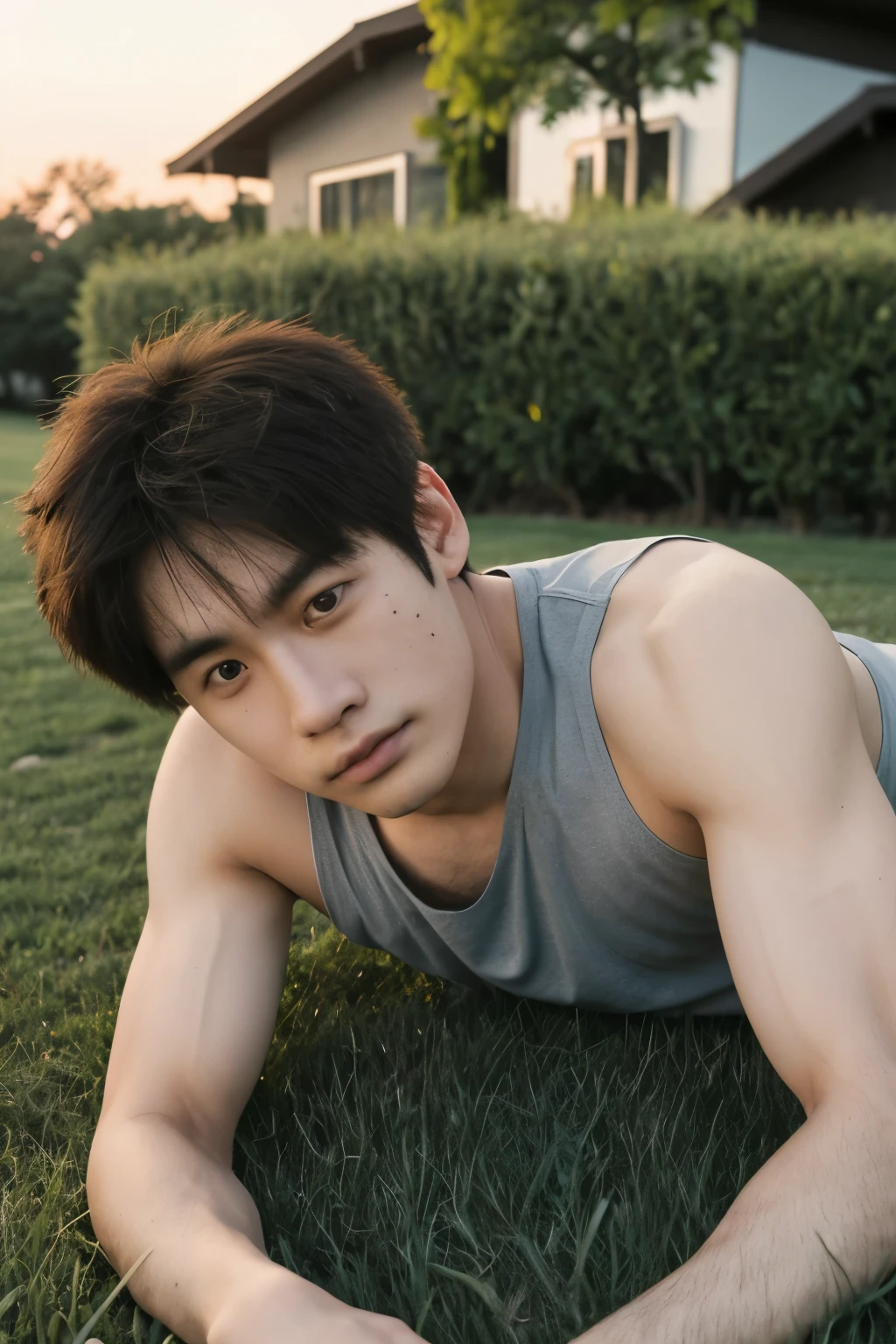 photo of a muscular Asian boy, short hair, wearing a tank top, outside a house, laying down on grass, sunset, looking at viewer,  . Extremely high-resolution details, photographic, realism pushed to extreme, fine texture, incredibly lifelike