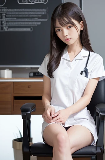best quality, detailed, beautiful, insanely detailed, absurdres,perfect anatomy,
Japanese woman,black hair,27 years old,
(slender),
(small breasts best quality),
NSFW,(pubic hair:1.5),(open_pussy:1.0)thinking, serious expression, sitting, (legs spread:1.2), (scratching head:1.2), facing right, curly hair, (knee length white nurse uniform:1.3), in the office, with a chair, full body shot, from front
