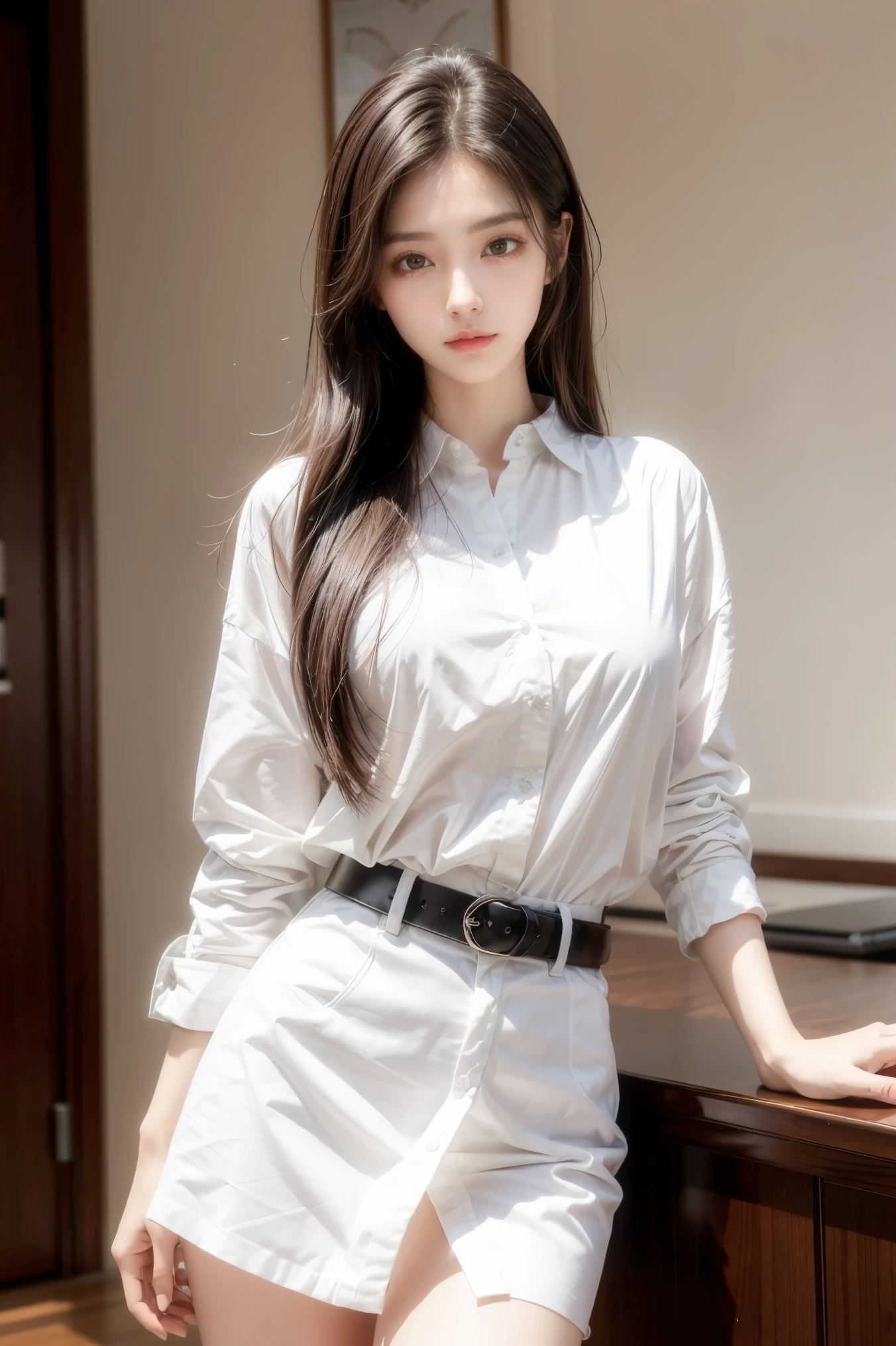 (Best Quality, High Resolution, Masterpiece: 1.3), A tall and beautiful woman, slender abs, dark brown hair in loose wavy styling, big breasts: 2, wearing pendant, white button-down shirt, belt, black skirt, (modern architecture in the background), beautifully presented details in face and skin texture, detailed eyes, double eyelids
