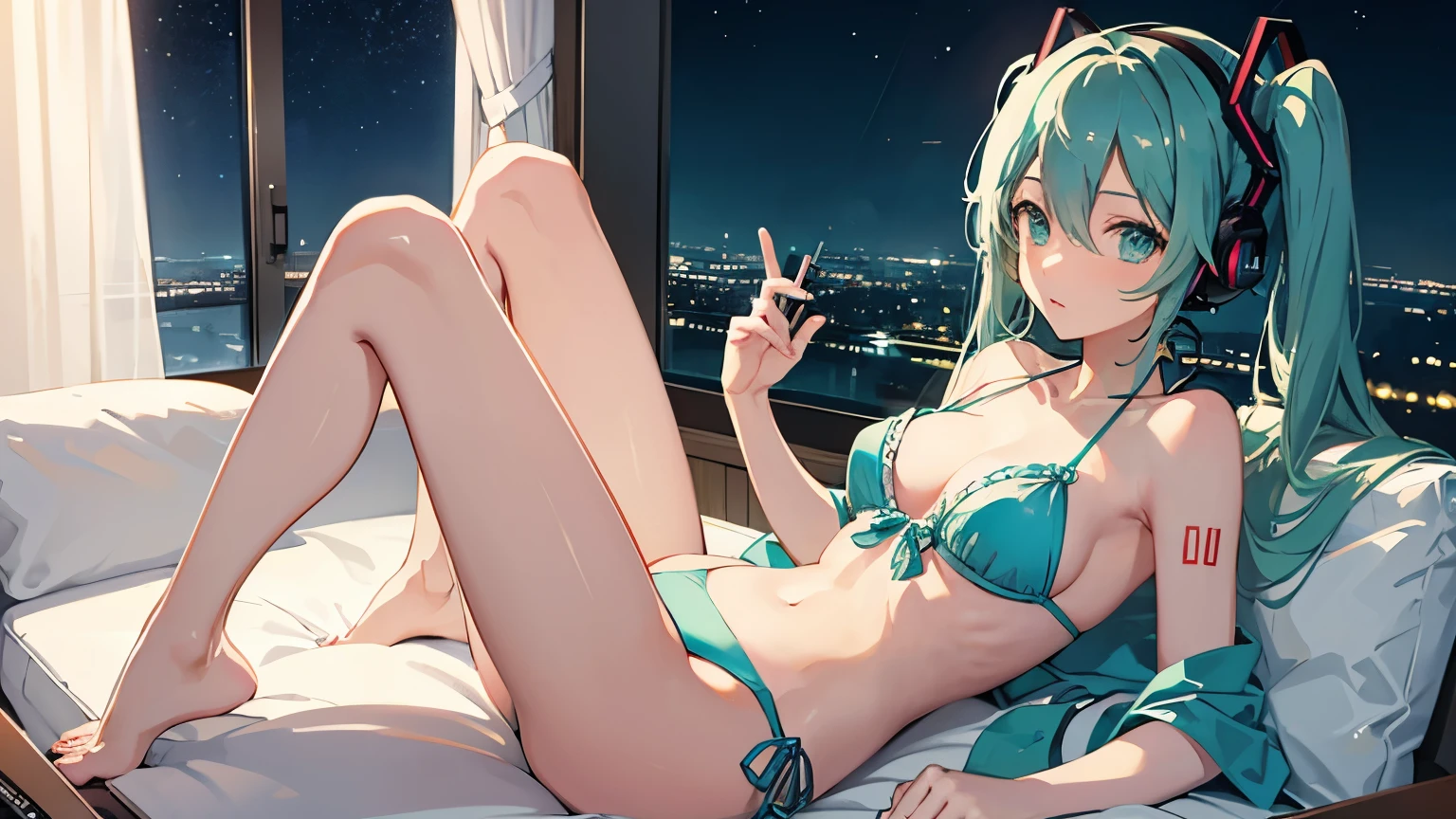 On the sofa with headphones、Studying on a laptop、Hatsune Miku in a bikini、Beautiful night view outside the window