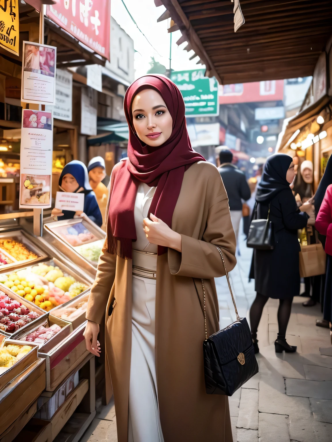 A beauty Angelina Jolie with hijab, holding a handbag, shopping in the market, beautiful detailed eyes, beautiful detailed lips, extremely detailed eyes and face, long eyelashes, cheerful expression, perfect hands, handbag in hand, shopping in a vibrant market, exotic spices and colorful fruits and vegetables, atmospheric lighting, deep and warm color tones, traditional market setting, authentic and lively atmosphere, creative stall displays, interaction with friendly vendors, smiling faces, and bustling crowd, local architecture and cultural elements in the background, (best quality, 4k, 8k,highres, masterpiece:1.2), ultra-detailed, (realistic, photorealistic, photo-realistic:1.3), (full body portrait), tall background