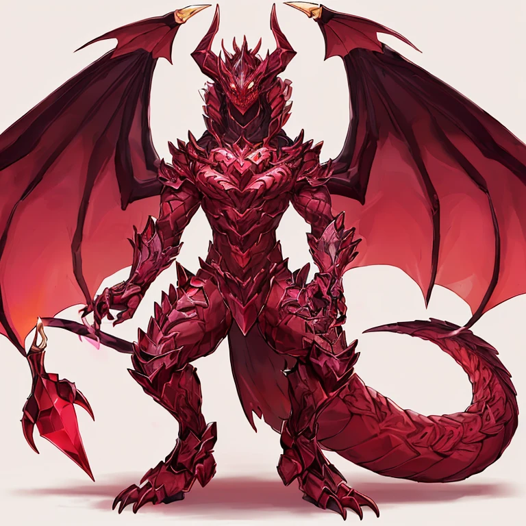 Betrax
**Betrax**

**Basic Information:**
- **Nome:** Betrax
- **Idade:** Desconhecida
- **Gender:** Masculino (although this may be irrelevant to a demon)
- **Tamanho (altura):** 1,30m
- **Peso:** Desconhecido

**Appearance:**
- **Corpo:** A red demon full of scales, biped is anthropomorphic, e elegante.
- **Rosto:** Dragon shape with intense red eyes and sharp teeth.
- **hands:** Garras longas capazes de causar danos significativos.
- **feet:** Three large clawed toes on each foot.
- **Escamas:** Cobrem todo o corpo, providing additional protection.
- **Rabo:** Representa 75% do comprimento corporal.
- **Asas:** Grandes e vermelhas, closed on the floor, mas capazes de abrir para voo.

**Personalidade:**
- **Com Maskara:** Protetor, unselfish, corajoso, determinado, charismatic, playful and sensitive.

**Poderes:**
- **Level 10:** Chamas Infernais, titanic force, Corrosive Venom.
- **Level 9:** Demonic Resistance, Claws of Doom, Scale Carapace, Demonic Transformation, accelerated regeneration.
- **Level 8:** Agilidade Sombria, Sopro Infernal, Demon Leap, sonic scream.
- **Level 7:** Shock Wave Emission, night vision, Demon Flight.

**Relacionamentos:**
- **Com Maskara:** Demonstrate a protective and friendly relationship.

**Backstory:**
- **Origem:** Desconhecida.
- **Motivations and Objectives:** Desconhecidos.