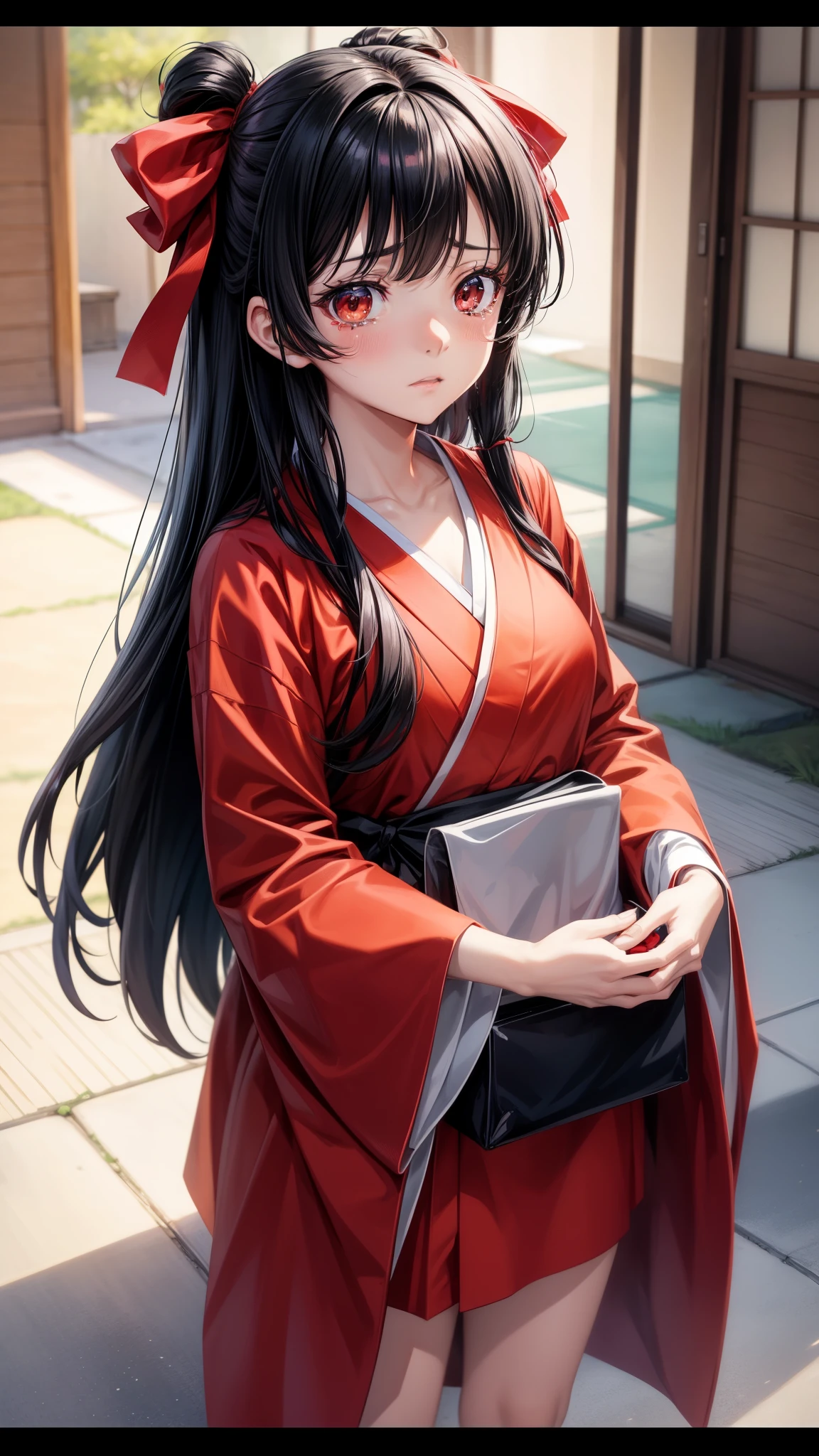 A screenshot of an anime shows a beautiful black-haired girl with red ribbons in her hair looking at the camera and crying in the style of Japanese animation. --niji