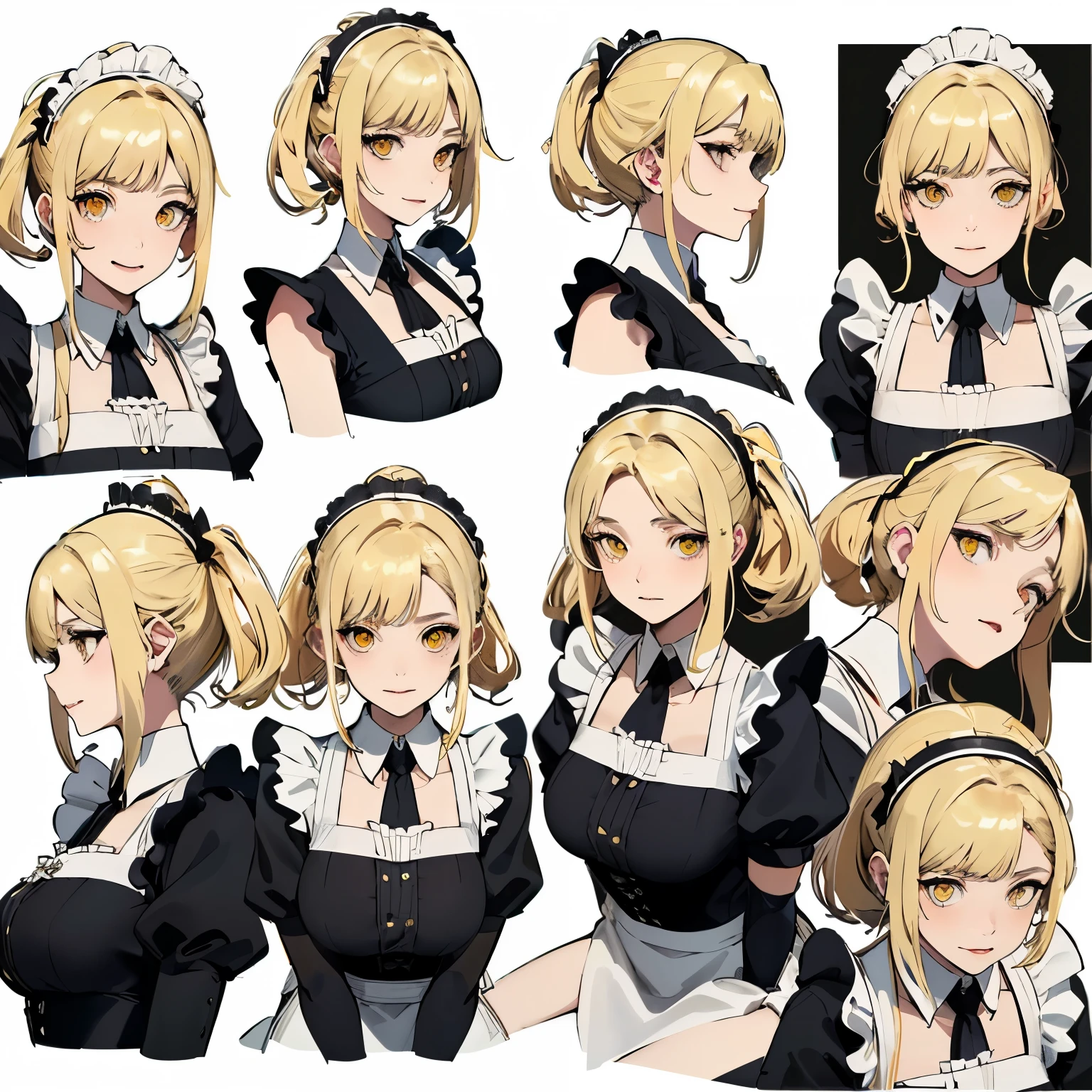 (masterpiece, 8K, highest quality, Very detailed, 1 mature woman), (Consistent personality, Same character), (Blonde Hair, Yellow Eyes), (Very detailed顔と肌の質感, Fine grain), Wicked Smile, Large Breasts, alone, (Maid), White Background, Bare shoulders, Captivating smile, (Multiple Views, multiple angles), Side view, Front view, look up, Looking down, Rear view, 20-degree head view