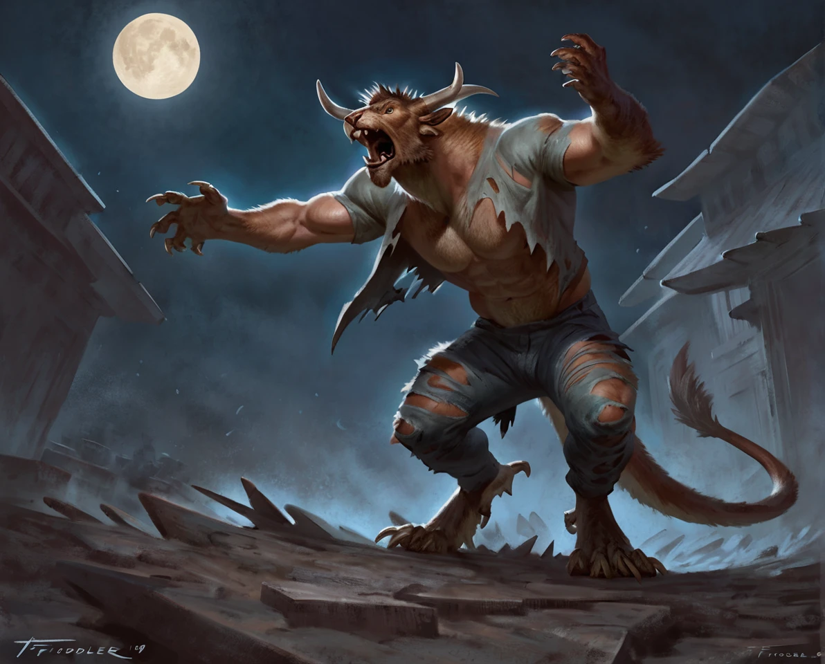 male charr mid transformation, illustration, solo, abs, pecs, masterpiece, best art, full body, digitigrade, by taran fiddler, torn pants, torn shirt, detailed hands, tall, detailed eyes, detailed torso, deser, angry expression, transformation, yelling, human face, standing, night, moon