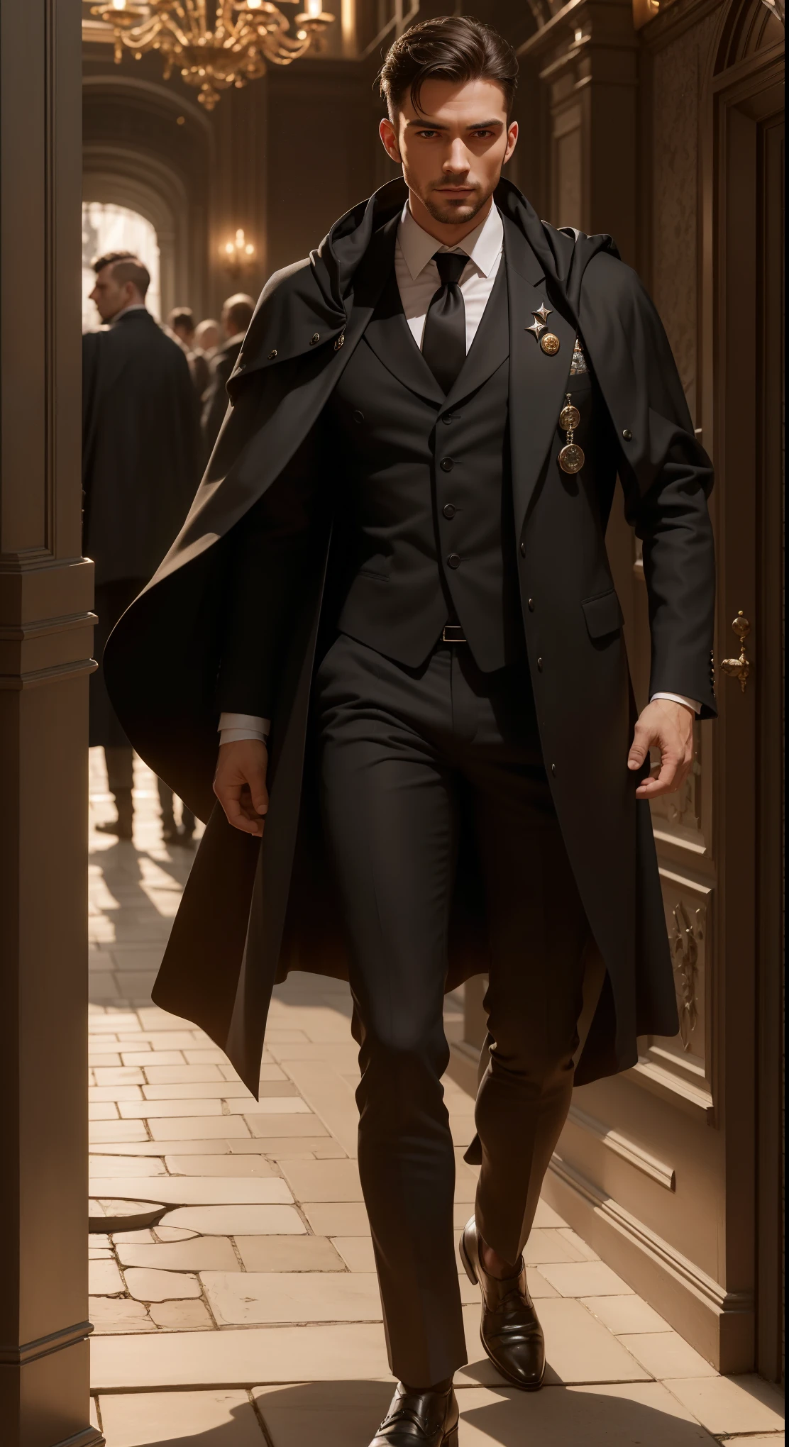 "((photorealism, high quality, detailing)), (Whole body) Strong man, Male appearance, Majestic magician-alchemist, short dark hair, A European view, modernity, 21st century, Stylish black suit, long black cloak, magical atmosphere".
