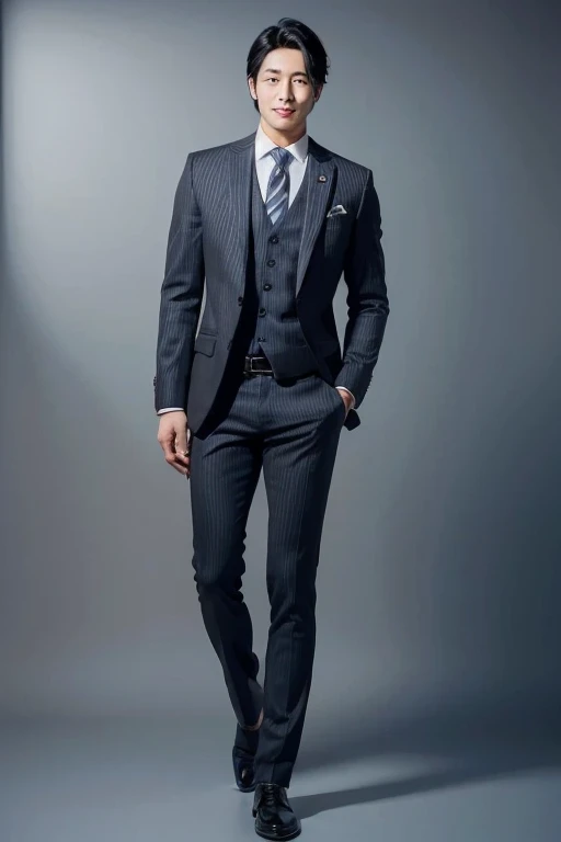 A Japanese man of the highest quality((As handsome as a model .As beautiful as an idol))((smile on face .Natural light on face.Neat black hair))&#39;s Sets，Set，Set，Full body view from head to toe，design diagram，Rendering，style，upscale，High-end，atmosphere，Practical，stripe