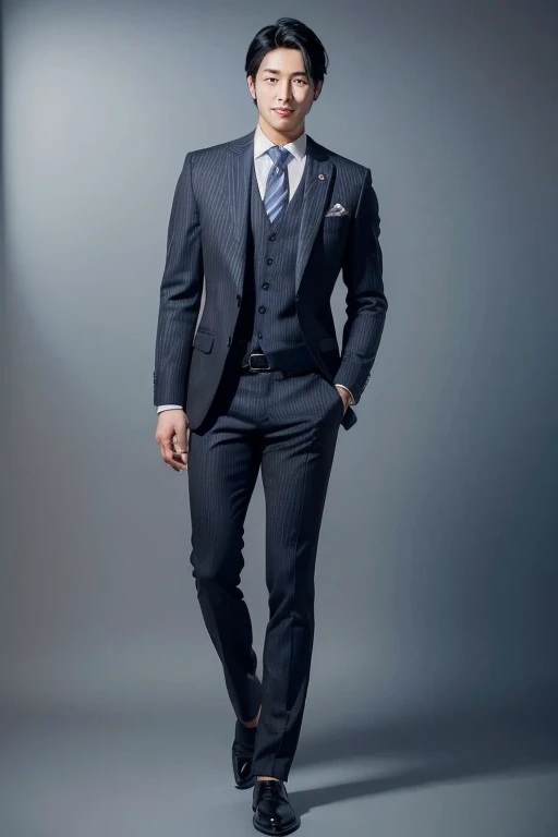 A Japanese man of the highest quality((As handsome as a model .As beautiful as an idol))((smile on face .Natural light on face.Neat black hair))'s Sets,Set,Set,Full body view from head to toe,design diagram,Rendering,style,upscale,High-end,atmosphere,Practical,stripe