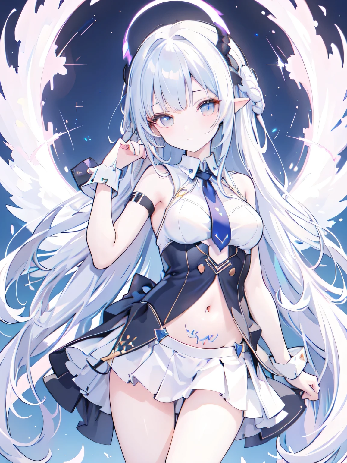 ((best quality)), (Ultra Detailed), ((Extremely detailed)), (fair), ((girl)), ((Ultra HD)), (masterpiece), (high quality), (best quality), (4K), (high quality), (1个girl),Parted bangs, ((Hair intake)), Long hair,(Random Hairstyle), Big Breasts, slim body, (Transparent fabric),Succubus, Normal arm ,miniskirt ,Exposing underwear,Exposing the belly,Belly tattoo,Starry Sky,Put your hands behind your back