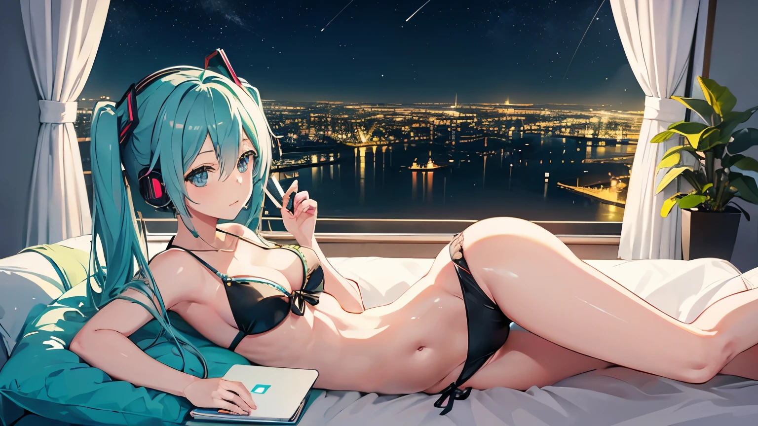 On the sofa with headphones、Studying on a laptop、Hatsune Miku in a bikini、Beautiful night view outside the window
