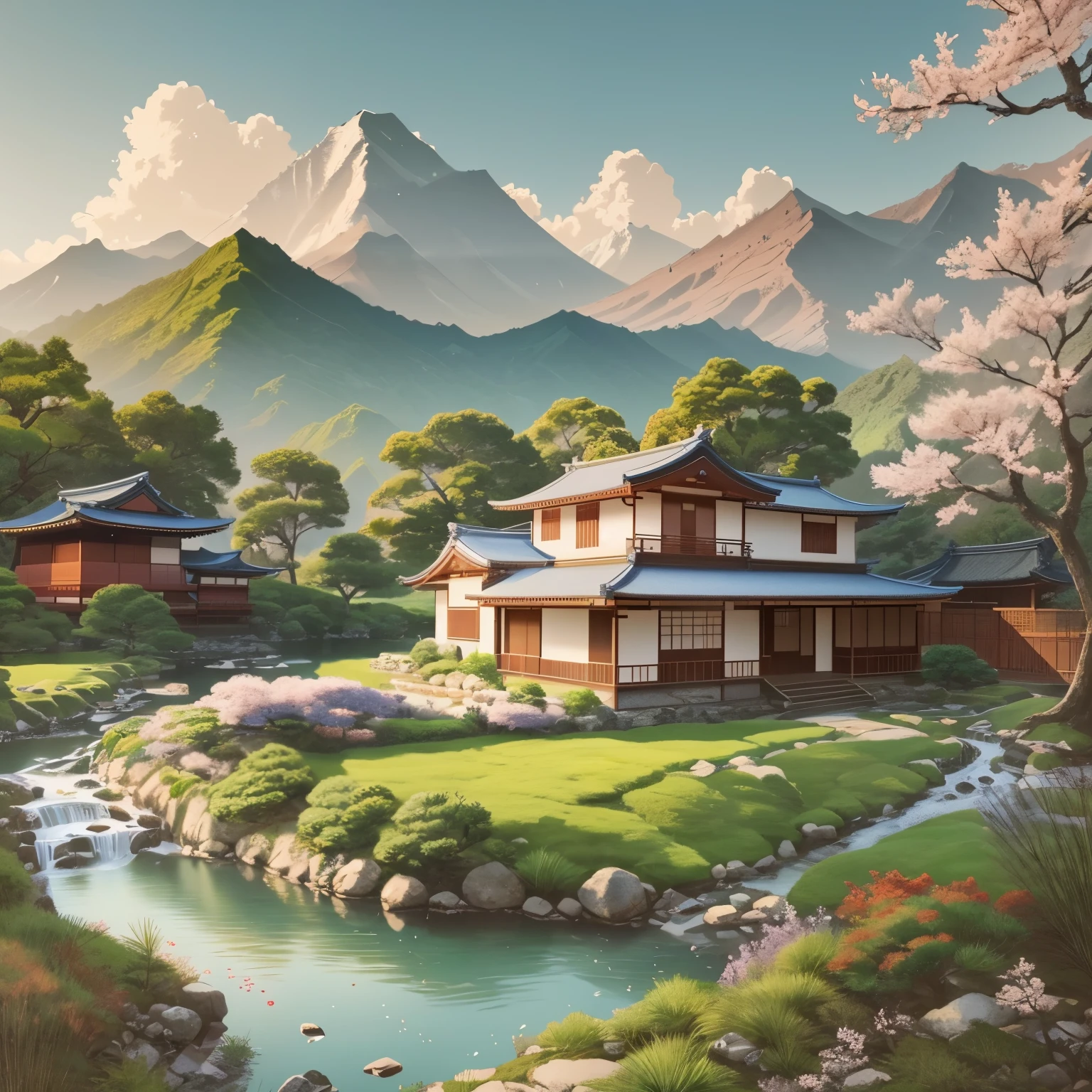 Japanese landscape painting with rivers and mountains, Japonisme 3 D 8 k ultra-detailed, inspired by Toshi Yoshida, inspired by Hanbei Yoshida, inspired by Hiroshi Yoshida, Robrey and Kentaro Miura style, 4k highly detailed digital art, inspired by Evgeny Lushpin, inspired by Ryuhei Koiso, dog