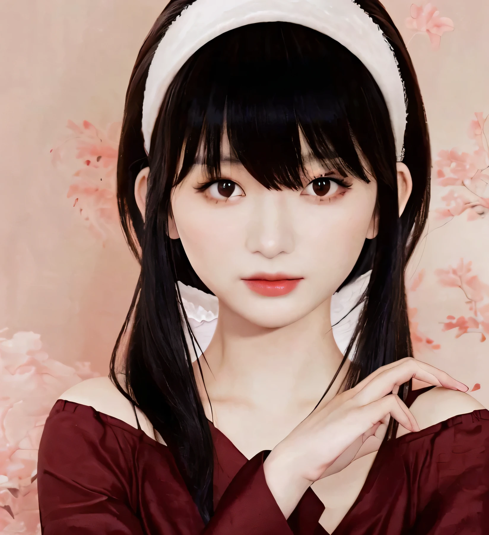 femme asiatique adulte, realistic face, cheveux noirs, chemise rouge, Yor de spy family mais réaliste