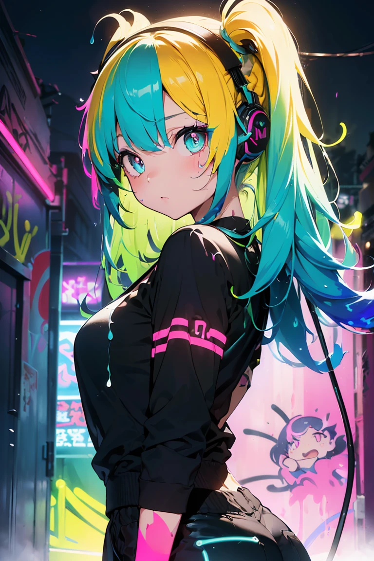 (Sheep Girl), pajamas, sleep, Anime girl with headphones,(Sexy ass), (Big Breasts:1.3),((Upward glance:1.3, Perfect Eyes , レインボーは超detailedなターコイズレッドの目を輝かせます:1.1, Gradient Eye:1, Beautiful detailed eyes:1, Symmetrical eyes:1, Big Eye Highlights:1.2)), blush, (Open your mouth), anger,In a psychedelic room, (Light Skin: 1.5, Sunburned skin, Light Skin, very Light Skin, Bright body), Psytranceのイラスト, Psytrance, psychedelic art style, Neon Color Theme, (((masterpiece))), (Complex), 8k, highest quality, (Visual Intensity: 1.5),
(((liquid paint hair:1.1))) ,(((Neon colored hair :1.5))), ((Made of paint、Defying Gravity,Thick flow),(Paint splashes:1.3), (Shiny Hair: 1.3), (Bright colors), Embarrassing,Centered,Scale to fit,Three-part method, Body nicely covered in paint on a multi-colored background, Colorful themes, Splash Paint Regeneration, Beautiful light, Colorful light particles,High contrast in clothing, Color Splash, Colored walls, Complex detailed, Exposure Blending, High resolution, (Graffiti art),more_detailed:0.5,
