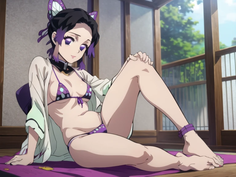 EFT_Shinobu, 1girl, kochou shinobu, butterfly hair ornament, solo, hair ornament, purple hair, multicolored hair, purple eyes, black hair, medium breast, (bikini), seductive smile, looking at viewer, blurry background, indoors, full body, slim, ((masterpiece)), best quality, high detailed illustration, high detailed background, hi-res, bare legs, bare feet