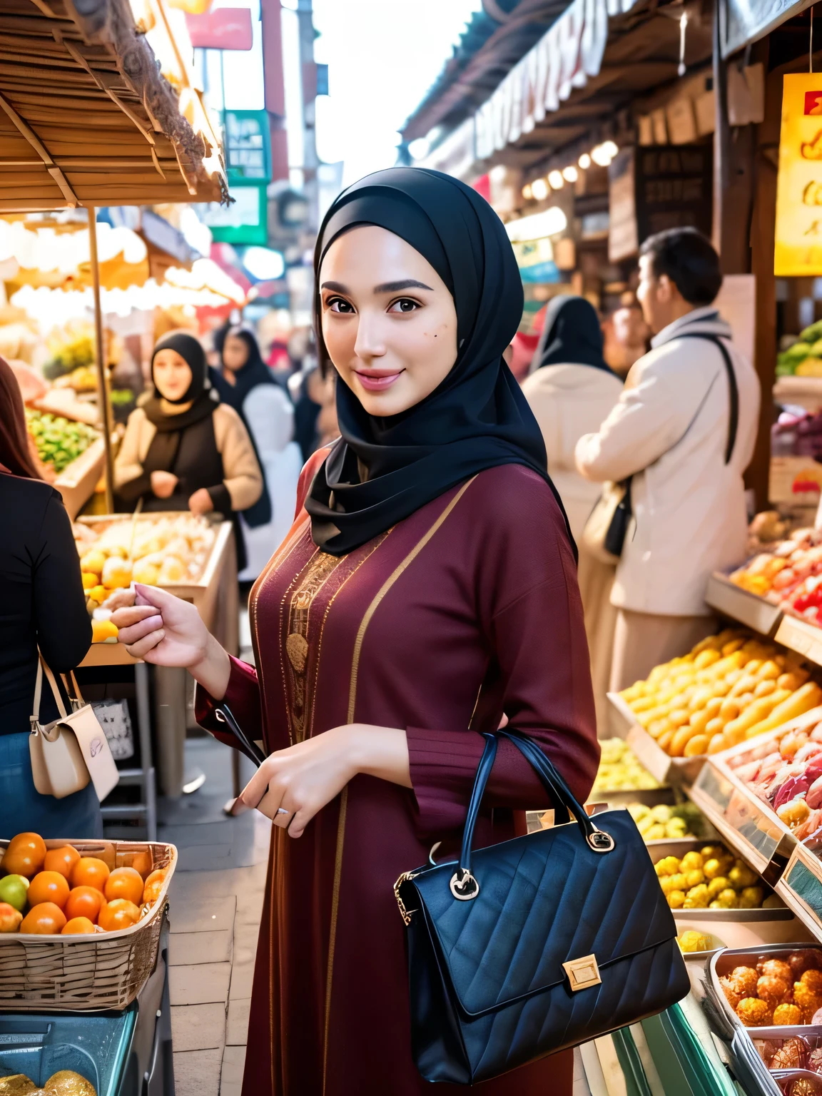 A beauty Gal gadot with hijab, holding a handbag, shopping in the market, beautiful detailed eyes, beautiful detailed lips, extremely detailed eyes and face, long eyelashes, cheerful expression, perfect hands, handbag in hand, shopping in a vibrant market, exotic spices and colorful fruits and vegetables, atmospheric lighting, deep and warm color tones, traditional market setting, authentic and lively atmosphere, creative stall displays, interaction with friendly vendors, smiling faces, and bustling crowd, local architecture and cultural elements in the background, (best quality, 4k, 8k,highres, masterpiece:1.2), ultra-detailed, (realistic, photorealistic, photo-realistic:1.3), (full body portrait), tall background