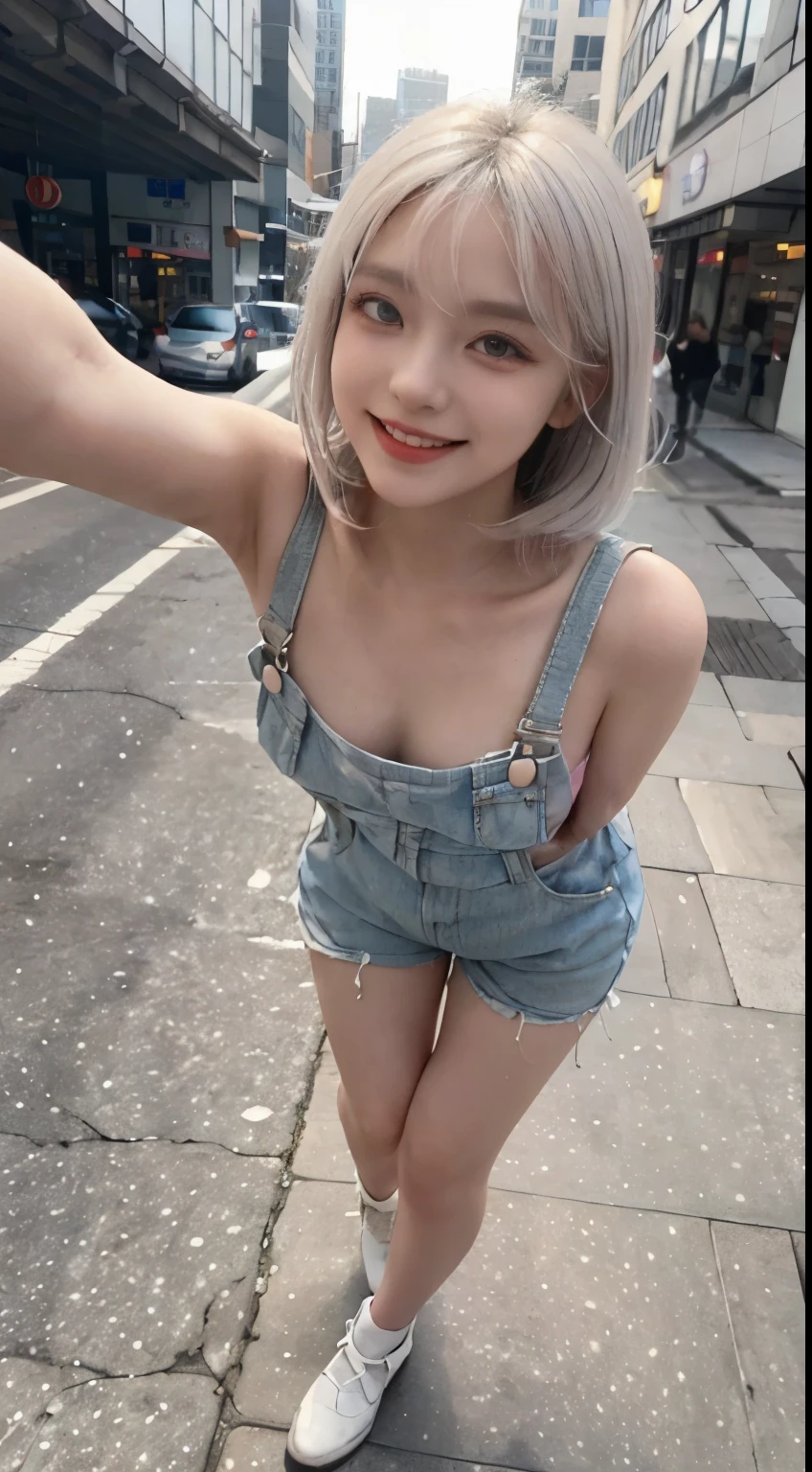 Best image quality、RAW Photos、超A high resolution、21 years old Korean、Small breasts、Dynamic Angle、Cowboy Shot、Chaos in its most beautiful form、elegant、brutalism design、Vibrant colors、Beautiful white hair、Short Bob、smile、fun、smile、Glowing White Skin、Beautiful eyes with random colors、Very thin lips、Beautiful eyes in every detail、length, Narrow eyes、Cheeks are pale pink、length eyelashes、Beautiful double eyelids、eye shadow、Bright white hair、Overalls、city、Shooting from above at an angle、Selfie、Full Body Shot