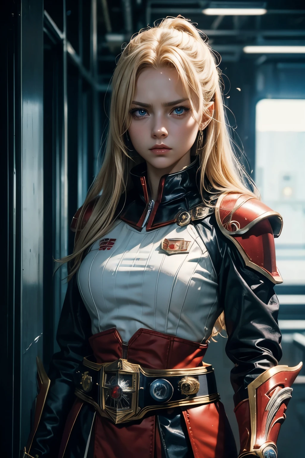 Upper body close-up image. Detailed drawing of the face.A beautiful woman. She has an angry look on her face.Blonde hair and blue eyes. She is looking at the camera with a defiant expression. 18 years old. She wears a red, metallic combat uniform that fits her body perfectly. ((There is something on his waist that is reminiscent of Kamen Rider's transformation belt.)) She is standing in the hallway of the space battleship.