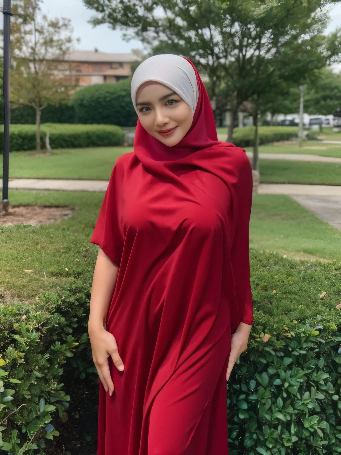 1 lady, 30 years old, fine wrinkles, posing sideways, brick red muslim dress, big breast, covered up, wearing plain hijab