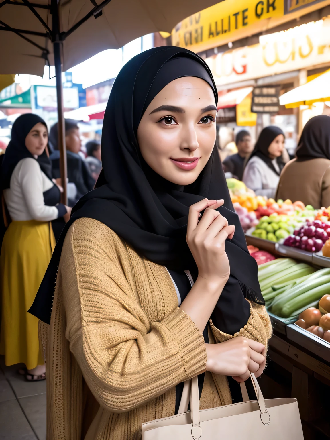 A beauty Gal gadot with hijab, holding a handbag, shopping in the market, beautiful detailed eyes, beautiful detailed lips, extremely detailed eyes and face, long eyelashes, cheerful expression, perfect hands, handbag in hand, shopping in a vibrant market, exotic spices and colorful fruits and vegetables, atmospheric lighting, deep and warm color tones, traditional market setting, authentic and lively atmosphere, creative stall displays, interaction with friendly vendors, smiling faces, and bustling crowd, local architecture and cultural elements in the background, (best quality, 4k, 8k,highres, masterpiece:1.2), ultra-detailed, (realistic, photorealistic, photo-realistic:1.3), (full body portrait), tall background