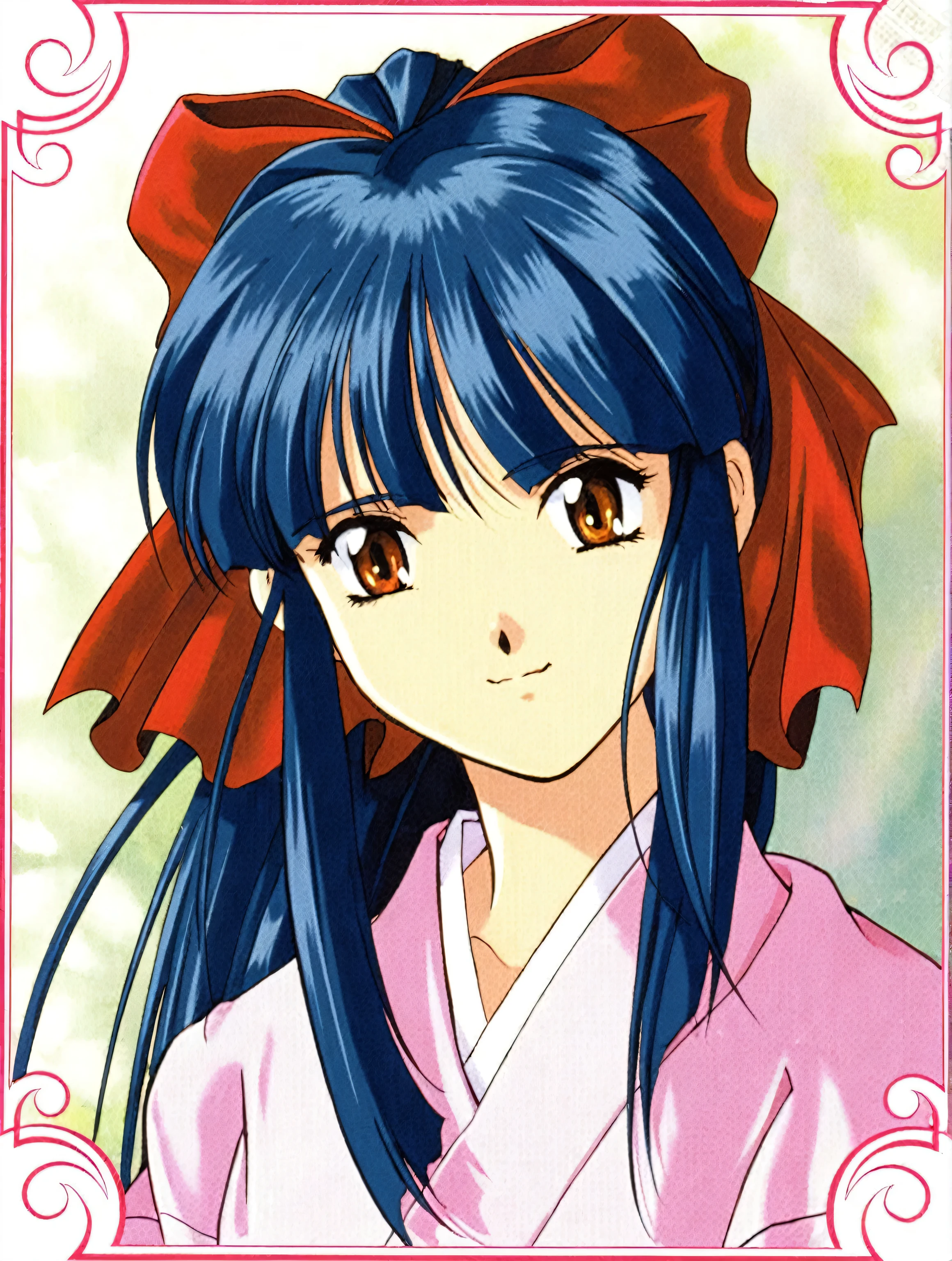 Anime girl with blue hair and red ribbon in a pink frame, rumiko, Misato Katsuragi, yuyushiki, iwakura lain, Another close-up of Iwakura, shikishi, Another close-up of Iwakura, rei hiroe, inspired by Kusumi Morikage, Portrait of Reon Iwakura,Sakura Shinguji