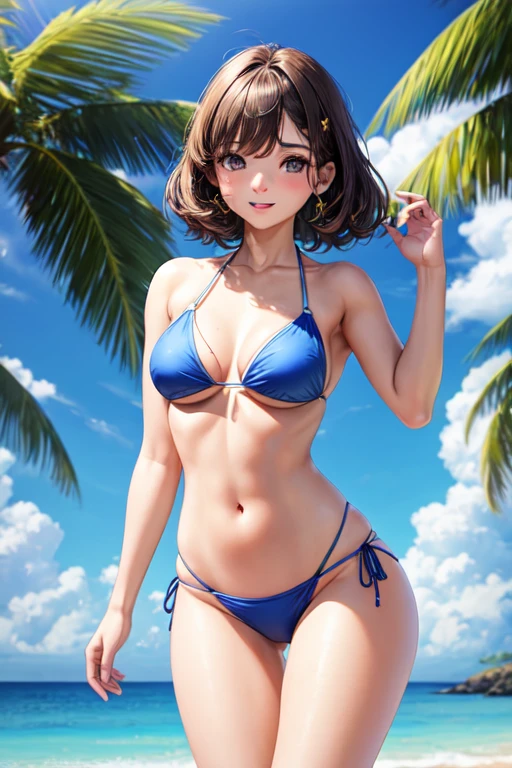 ((melhor qualidade)),  de 15 anos, in bikini, mostrando os peitos para o espectador , cabelos longos e pretos, medium breasts, bunda grande, na praia, cintura fina, pele brilhante e molhada, 