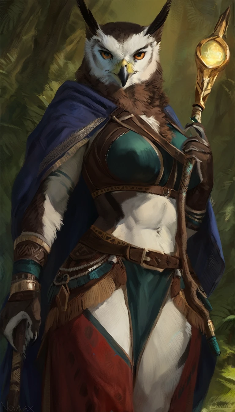 Anthro female owl eagle hybrid, solo, serious expression, masterpiece, best art, body, by oouna, by nomax, detailed eyes, detailed body, claws, tall, abs, pauldrons, chest belt, staff, shaman robes, casting magic, witch, tribal, magic forest, milf body, revealing outfit