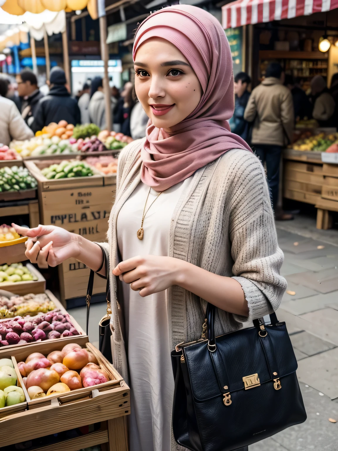 A beauty Gal gadot with hijab, holding a handbag, shopping in the market, beautiful detailed eyes, beautiful detailed lips, extremely detailed eyes and face, long eyelashes, cheerful expression, perfect hands, handbag in hand, shopping in a vibrant market, exotic spices and colorful fruits and vegetables, atmospheric lighting, deep and warm color tones, traditional market setting, authentic and lively atmosphere, creative stall displays, interaction with friendly vendors, smiling faces, and bustling crowd, local architecture and cultural elements in the background, (best quality, 4k, 8k,highres, masterpiece:1.2), ultra-detailed, (realistic, photorealistic, photo-realistic:1.3), (full body portrait), tall background