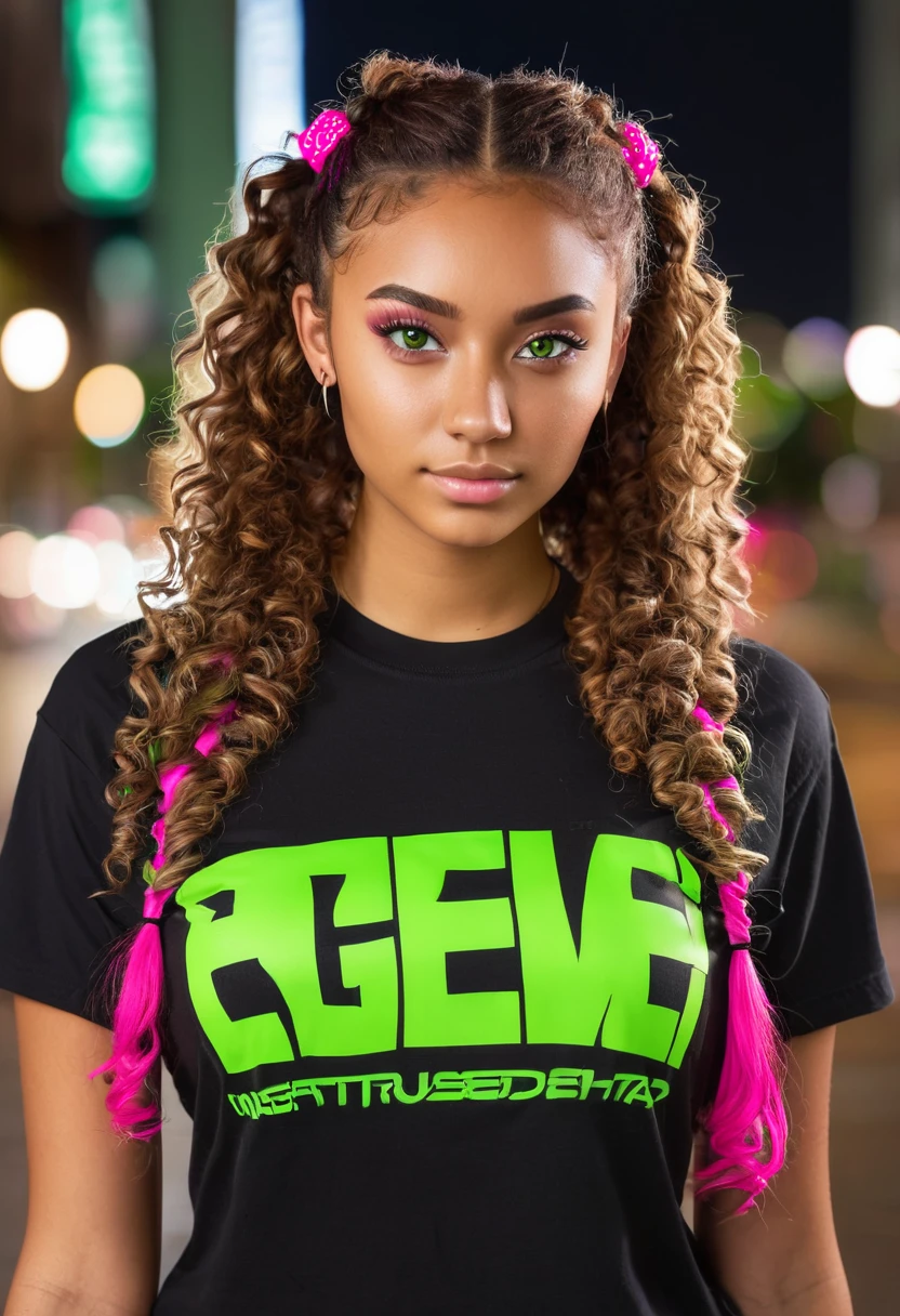 slightly tall young woman, light brown skin, light green eyes. Long brown curly hair with pigtails. wearing a black t-shirt with hot pink graphic, necklace, nose piercing, transparent lipgloss, slim built, very beautiful, late adolescent, 19 years old, full body photo, long legs, nighttime city setting