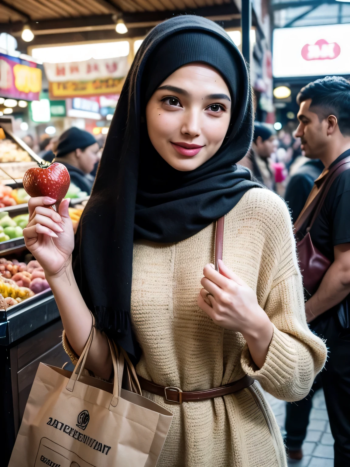 A beauty Gal gadot with hijab, holding a handbag, shopping in the market, beautiful detailed eyes, beautiful detailed lips, extremely detailed eyes and face, long eyelashes, cheerful expression, perfect hands, handbag in hand, shopping in a vibrant market, exotic spices and colorful fruits and vegetables, atmospheric lighting, deep and warm color tones, traditional market setting, authentic and lively atmosphere, creative stall displays, interaction with friendly vendors, smiling faces, and bustling crowd, local architecture and cultural elements in the background, (best quality, 4k, 8k,highres, masterpiece:1.2), ultra-detailed, (realistic, photorealistic, photo-realistic:1.3), (full body portrait), tall background